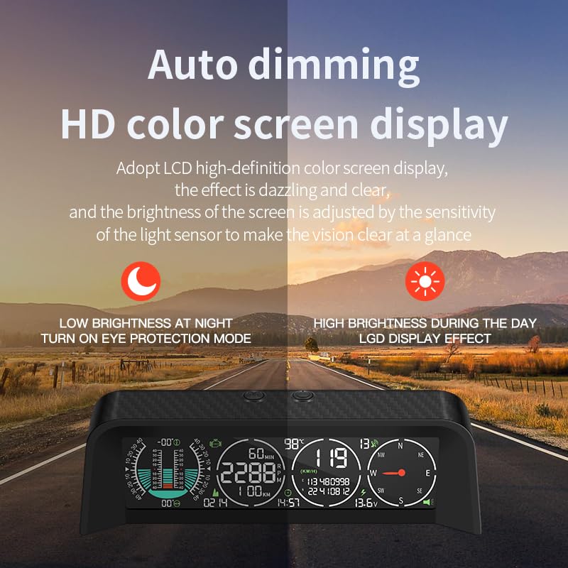 OBEST Car HUD Heads Up Display Auto, GPS+OBD Sistema dual, velocímetro y tacómetro, inclinómetro para coche, odómetro, brújula