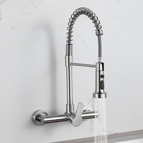 LIWEIKE Grifo de cocina de pared de 8 pulgadas en el centro de níquel cepillado de montaje en pared grifo de cocina con rociador monomando montado