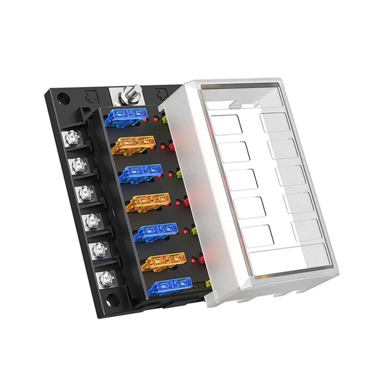 42pcs Marine 12-Way Fuse Box Set LED Indicator Waterproof Automotive Fuse Holder Adjustable Height Includes and Terminal Connectors for RV and Yacht