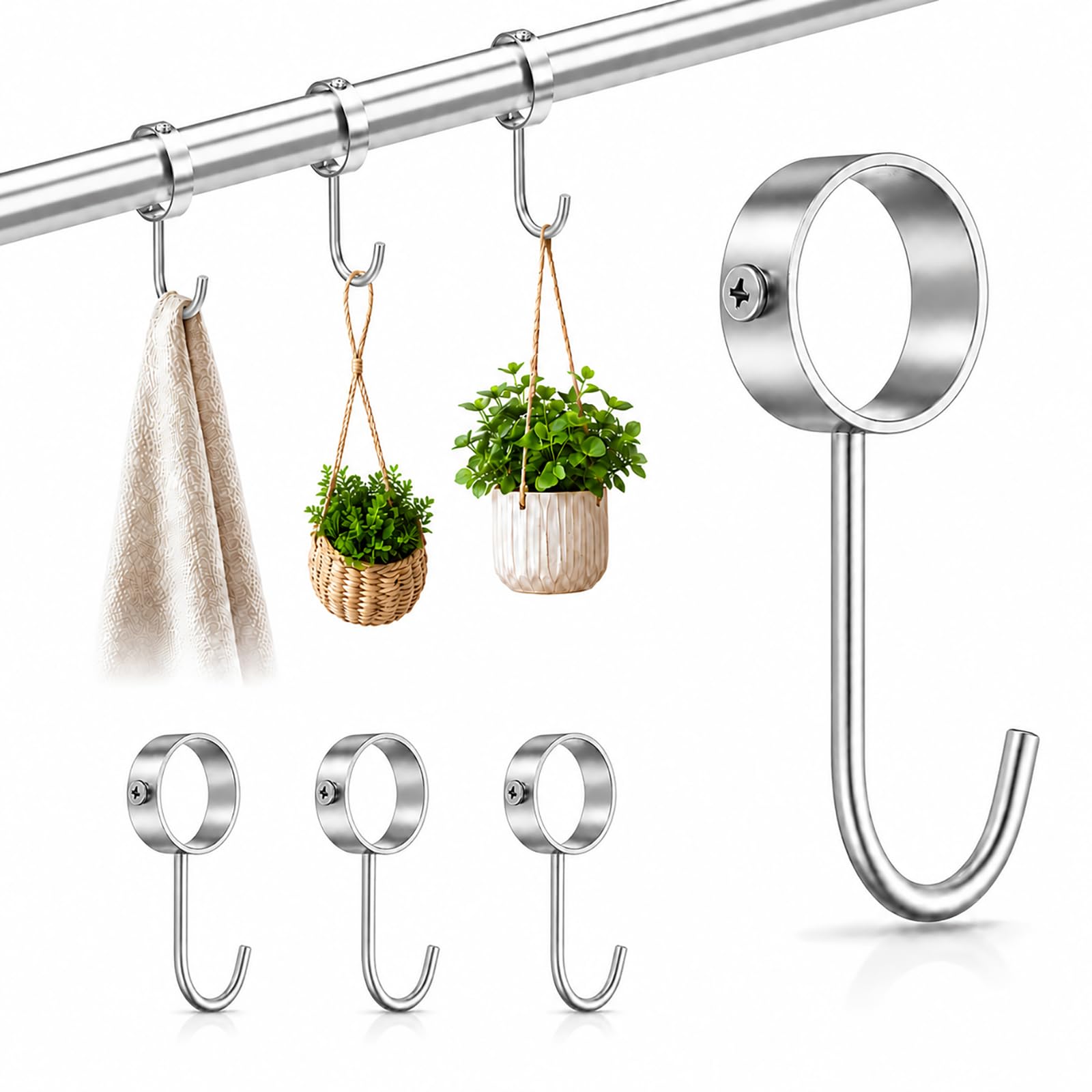 FortWeal Stainless Steel Closet Rod Hooks, 25mm 4 Pcs Silver Heavy Duty Utility Hooks for Hanging Pots Mugs Towels Rail Sliding Hooks Kitchen Storage Removable Pipe Rod Hooks for Wardrobe