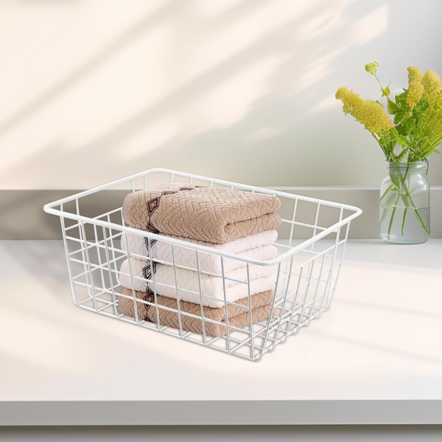 3 Piezas Cesta Pequeña de Alambre Cestas de Almacenamiento de Alambre con Asas Cestas de Despensa Cestas de Congelador para Congelador, Cocina, Despensa, Baño y Organizador, 21x16x9 cm, Blanco