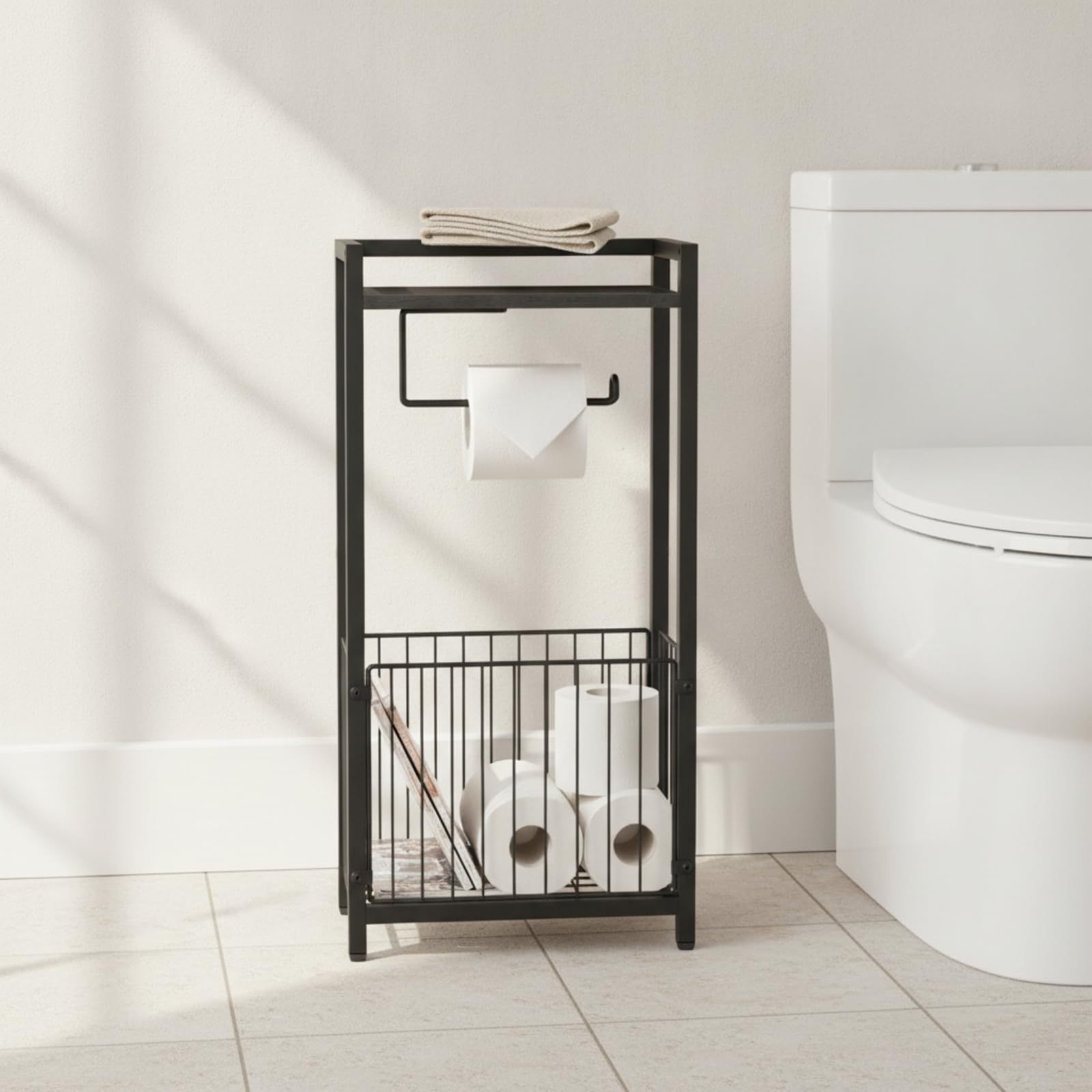 predolo Porta Carta Igienica da Terra in Metallo Portarotolo da Terra Compatto Piantana Bagno, Nero