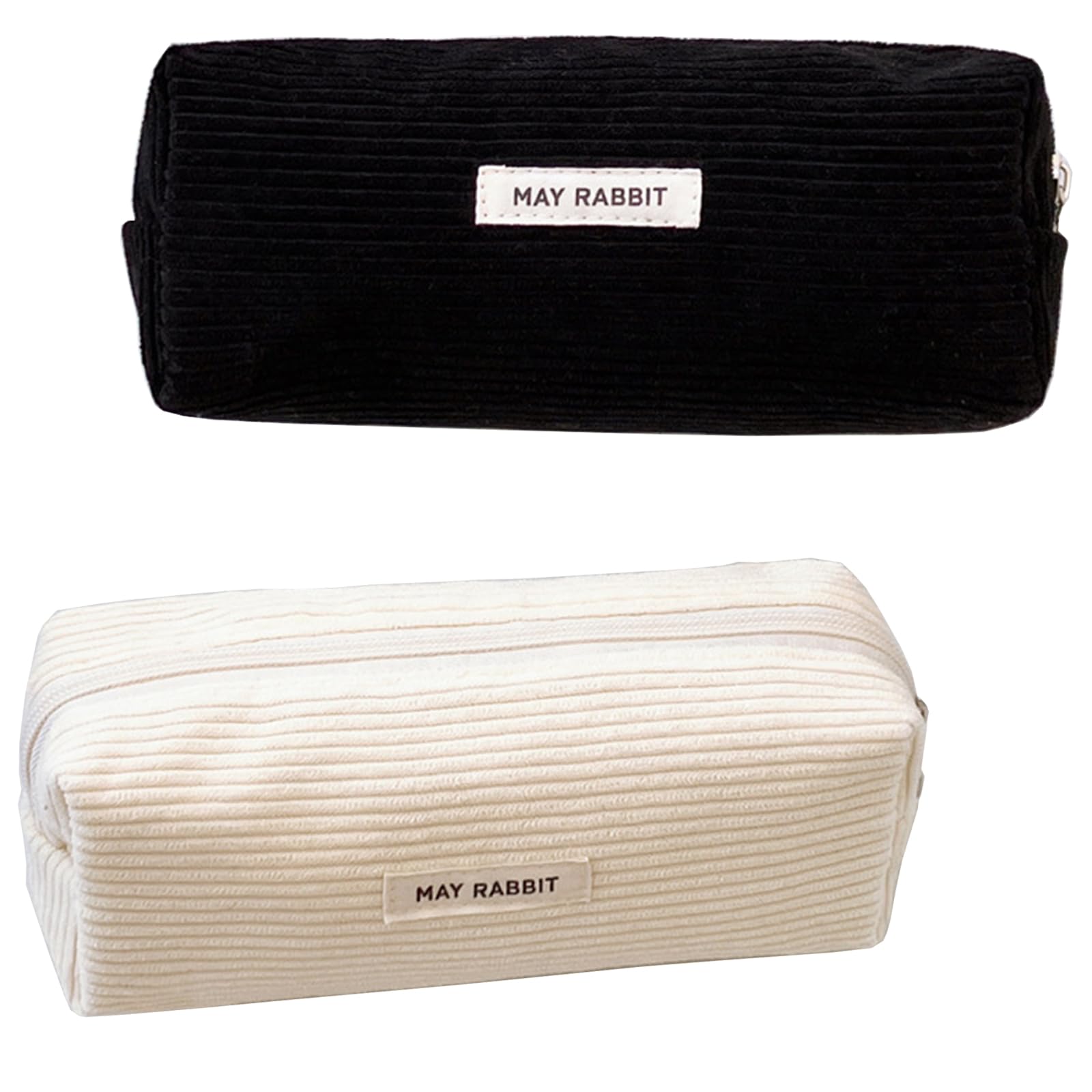 GUOYOU 2 Pieces Corduroy Pencil Case with Practical Zip Makeup Bag Pencilcase School Pencil Case Large Capacity Stationery Bag Pen Pouch for Teenage Boys Girls School College (White+Black