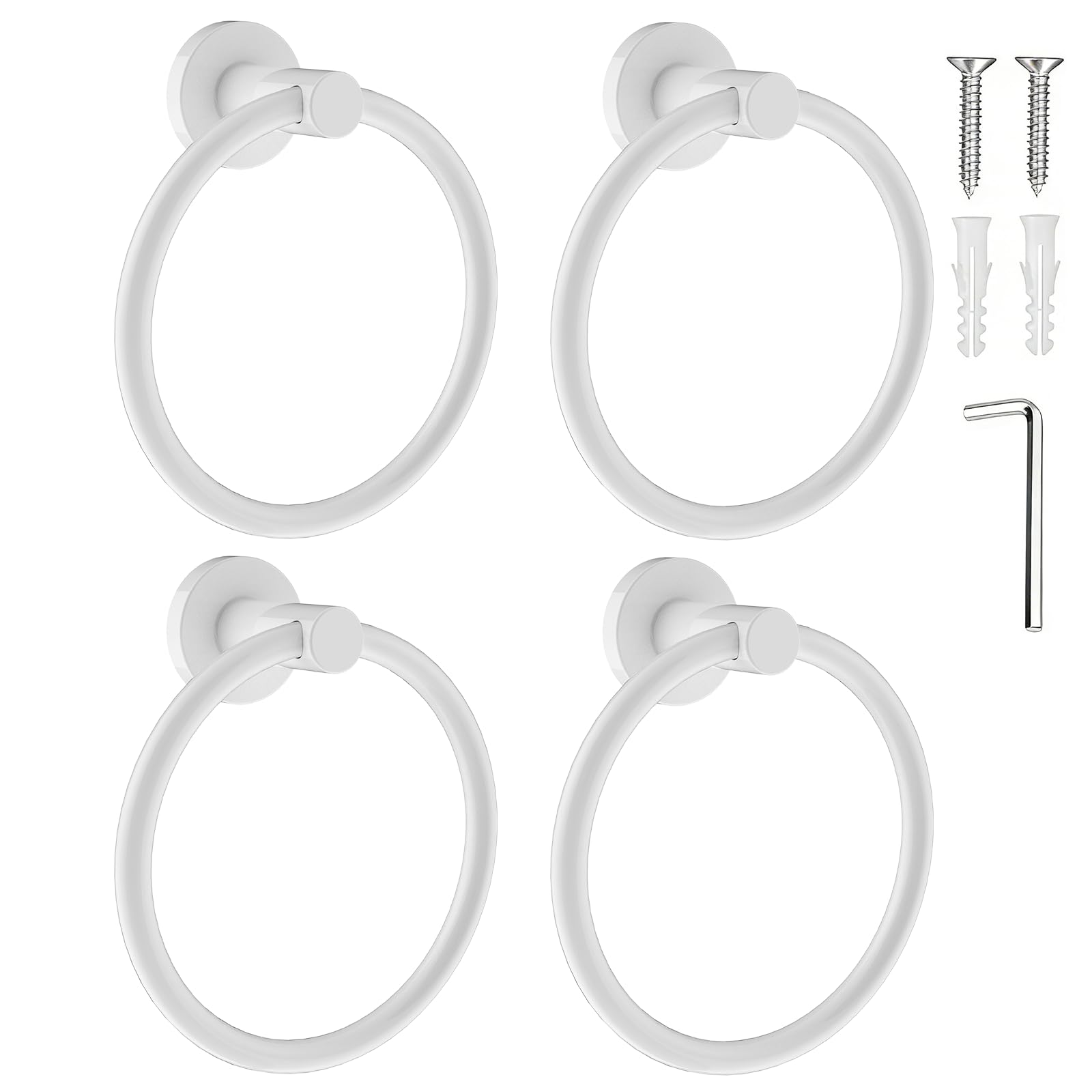 SetSail Towel Holder for Bathroom Wall White Towel Ring Screw-in Hand Towel Holder Stainless Steel Towel Hanger for Bathrooms, 4 Packs