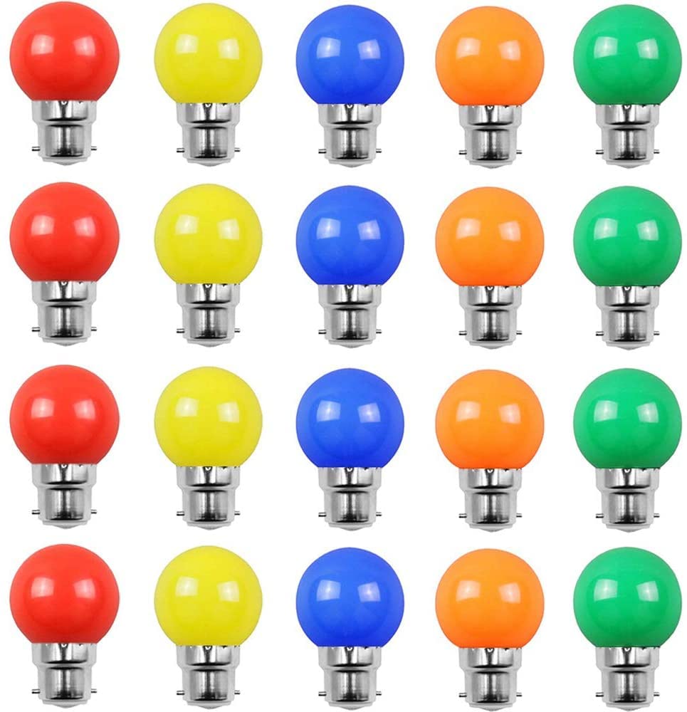 Aiwerttes 20 Pack Colored Bulbs LED 2W B22 G45 Lighting Bulbs,LED Coloured GolfBall Bulb, Mixed Colours Red Green Blue Yellow Orange — image 1