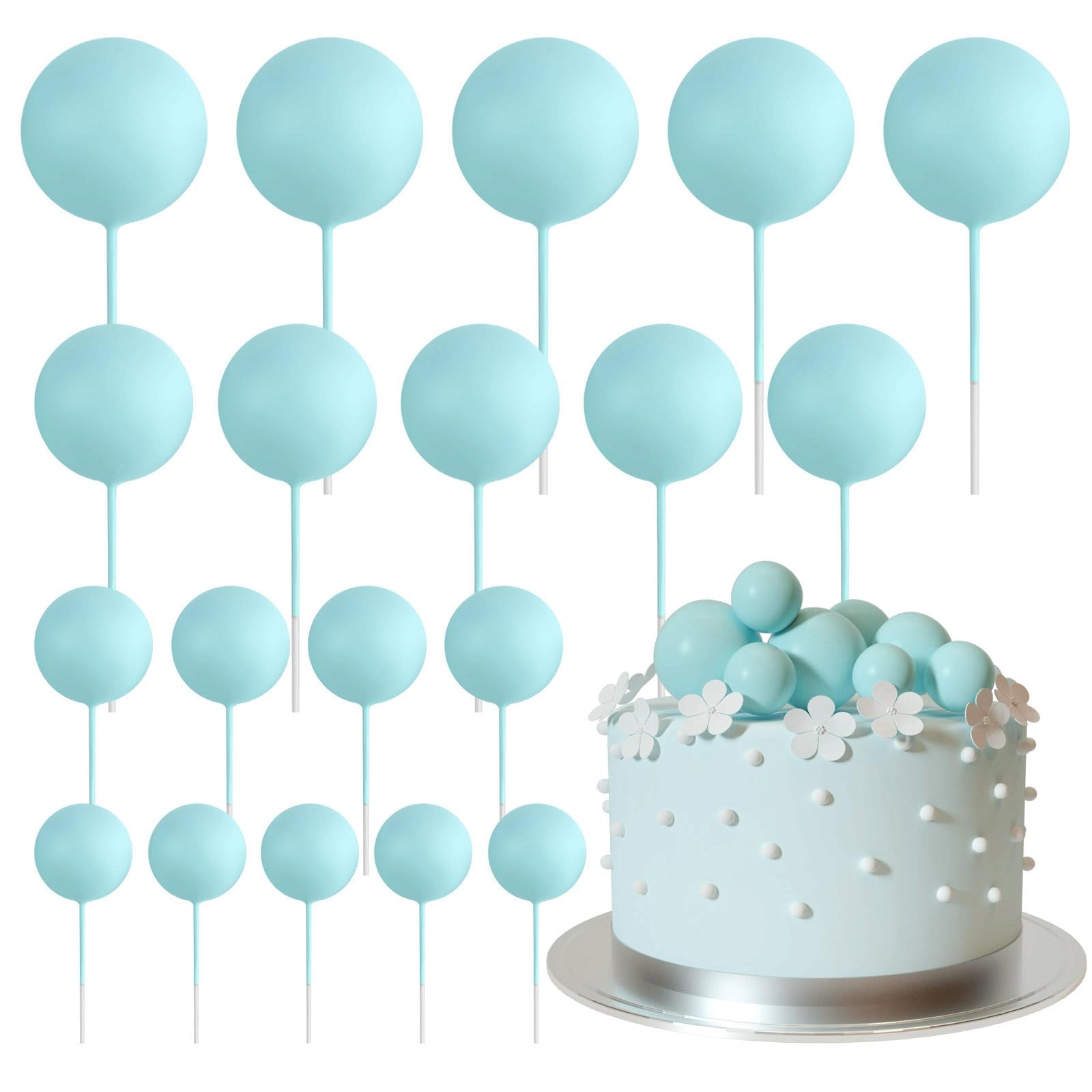 ASTARON 20 Pcs Ball Cake Topper Decorations Mini Balloons Cake Topper Sticks Light Blue Balls Cake Picks Cake Topper Balls Cake Decorations for