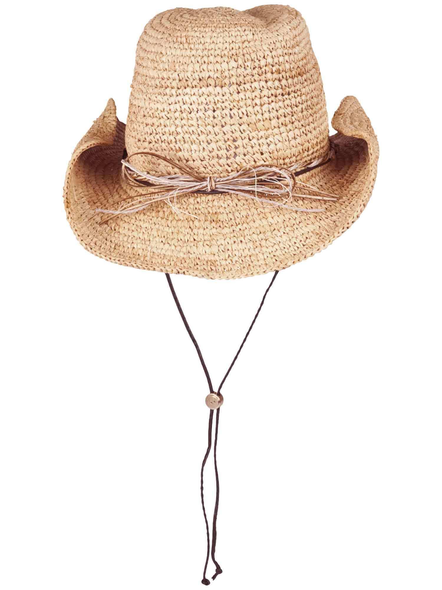LOEVENICH formbarer Raffia Damen Cowboy Hut mit Kinnband aus veganem Leder in One Size White Pepper