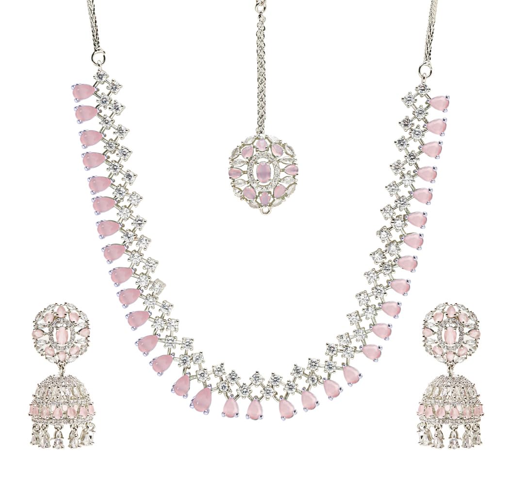 YouBella Jewellery for Women American Diamond Necklace Jewellery Set with Earring and Maang Tikka for Women and Girls (Light Pink) (B0CBCMFWV7) Amazon Price History, Amazon Price Tracker