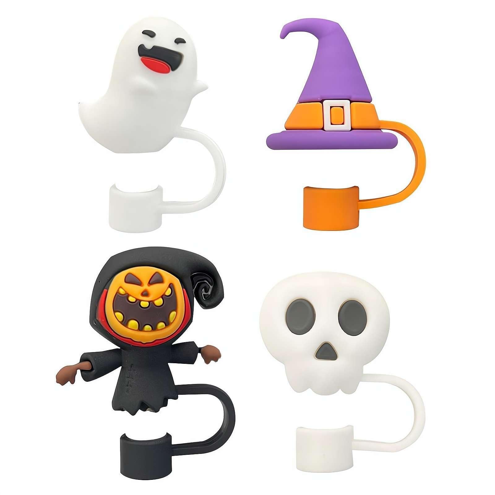 4x Laser-Totenkopf Strohhalm-Aufsätze Für Stanley-Becher | Wiederverwendbare Silikon-Kappen | Halloween & Party