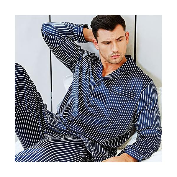Lonxu Pajamas Set Mens Silk Satin Pajamas Long Sleeve Loungewear Two-Piece Sleepwear Button-Down Pj Set S-XXXXL, Navy Red, Large - Image 4