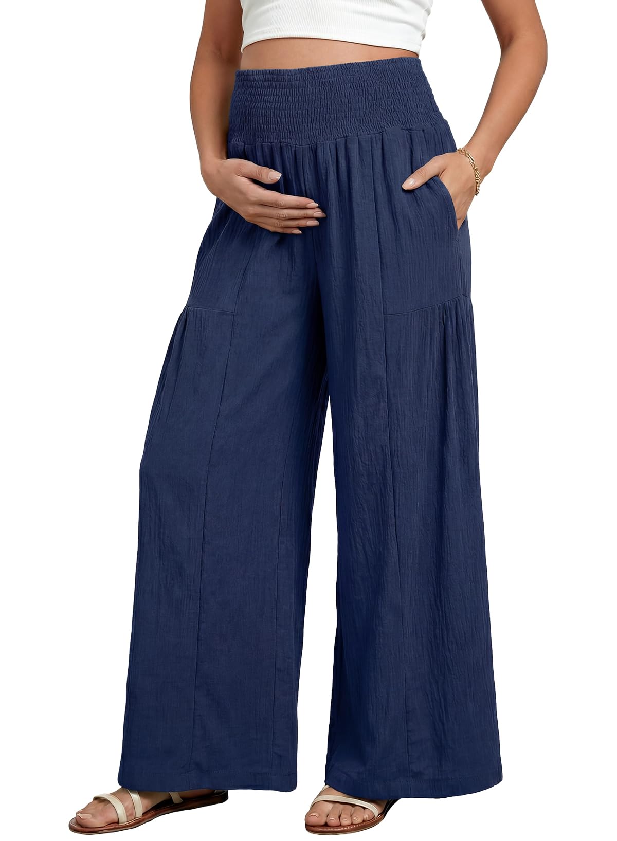 BLENCOT Maternity Smocked Waist Palazzo Pants Wide Leg Casual Trousers