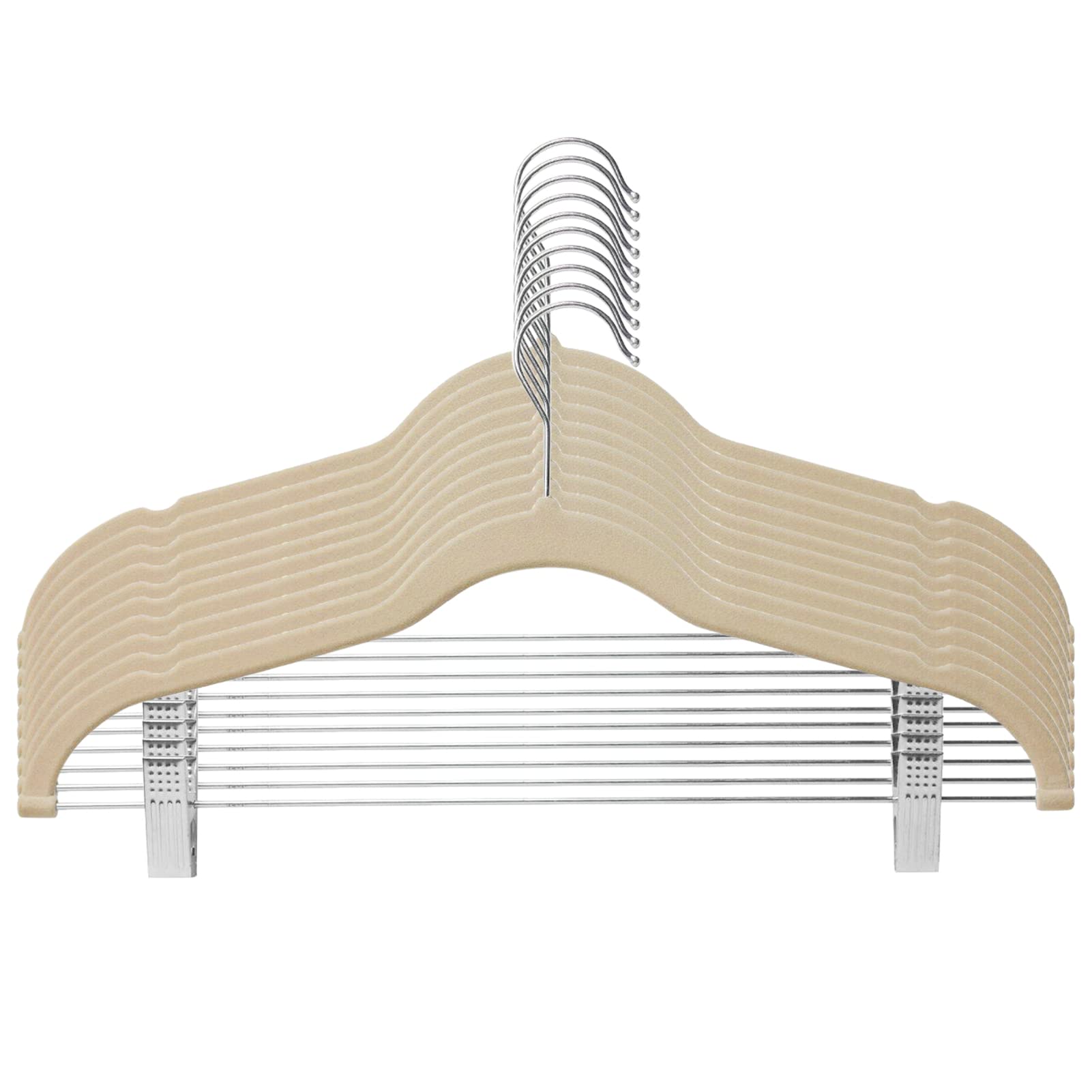 10 Sztuk Wieszaków na Spodnie, Aksamitne Wieszaki, Wieszaki na Spódnice z Klipsami, Wieszaki na Ubrania na Spodnie, Spódnice, Garnitury, Płaszcze, Sukienki itp. (10pcs Beige)