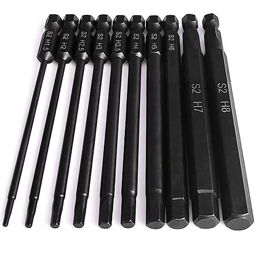PTSLKHN - Juego de brocas de llave Allen extendida de 3.937 in, 10 piezas de brocas hexagonales métricas, juego de brocas hexagonales magnéticas