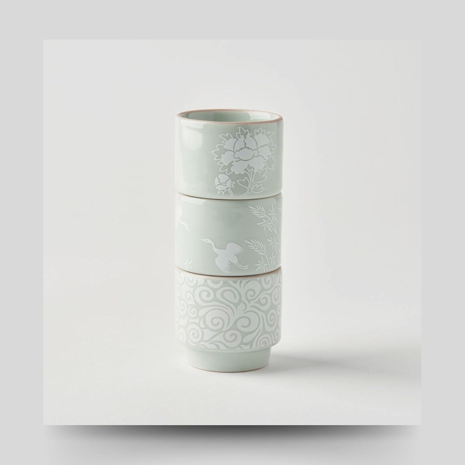 MU:DS Korean Celadon Cup Set – Handcrafted 3-Piece Ceramic Drinkware with Traditional Patterns, Perfect for Korean Alcohol, Tea, and Desserts