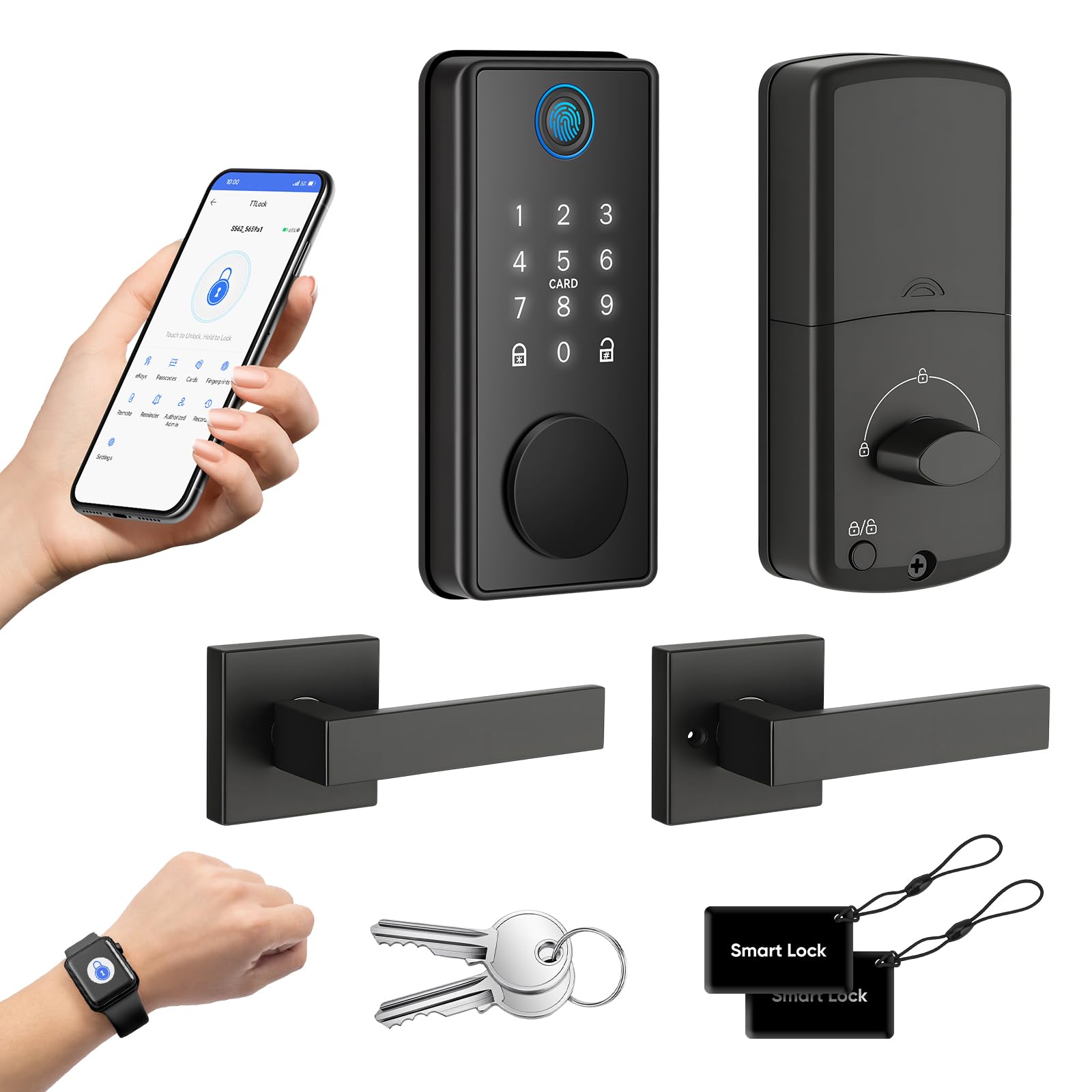MYPIN Smart Türschloss mit 2 Hebelgriffe, Fingerabdruck, schlüsselloses Deadbolt Schloss, Touchscreen-Tastatur, App-Steuerung, kompatibel mit Apple Watch, automatische Links-/Rechts-Erkennung, Schwarz