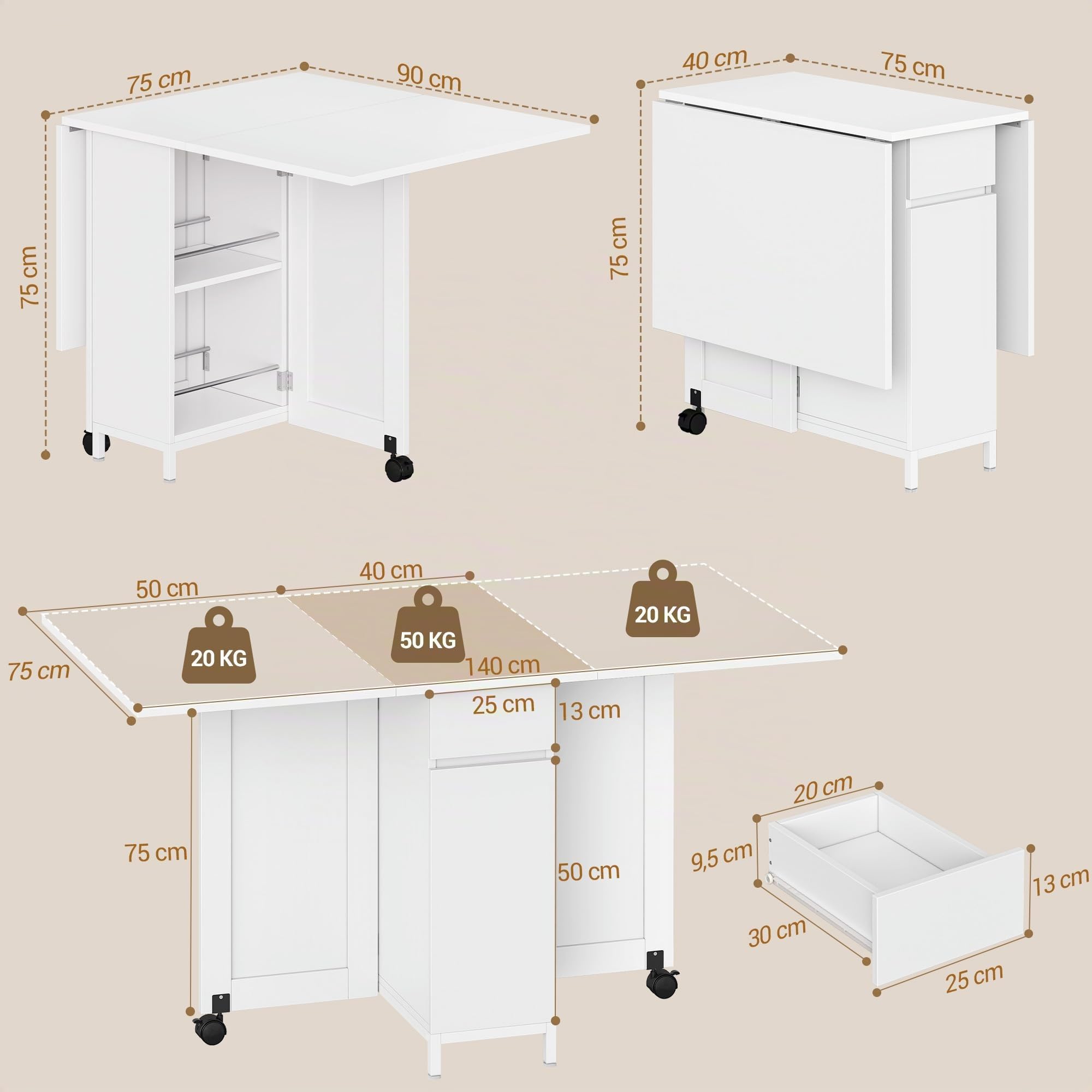 Hzuaneri Mesa Plegable Comedor, con Cajones, 140 x 75 x 75 cm, Blanco | Ahorra Espacio, con Compartimentos de Almacenamiento y Ruedas, Capacidad para 4 a 6 Personas, KT14003W
