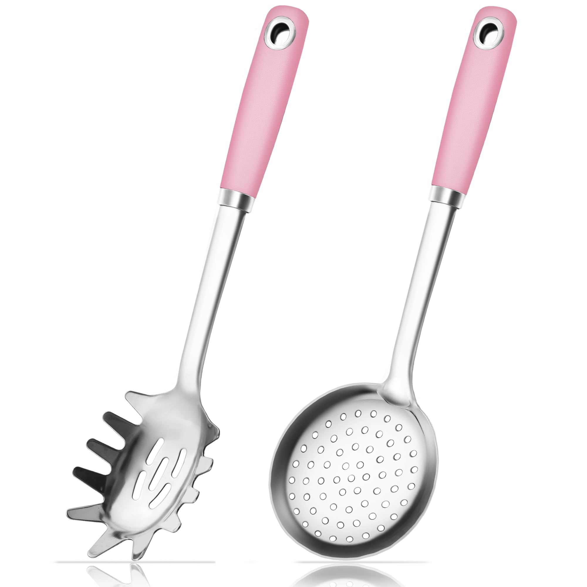 18/0 Stainless Steel Spaghetti Spoon &amp; Slotted Spoon for Cooking, Heavy Duty Frying Pink Spoon Pasta Strainer Skimmer, Cooking Utensils Commercial and Residential Use, Pack of 2