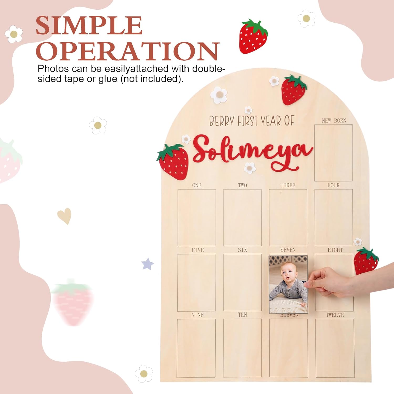 Leinuosen 33 x 22 Inch My First Year Photo Board 12 Monthly Picture Frame with DIY Name Felt Letters 1st Birthday Decorations Gifts for Boy Girl Newborn Keepsake, Fits 4 x 6 Photos (Pink,Strawberry)