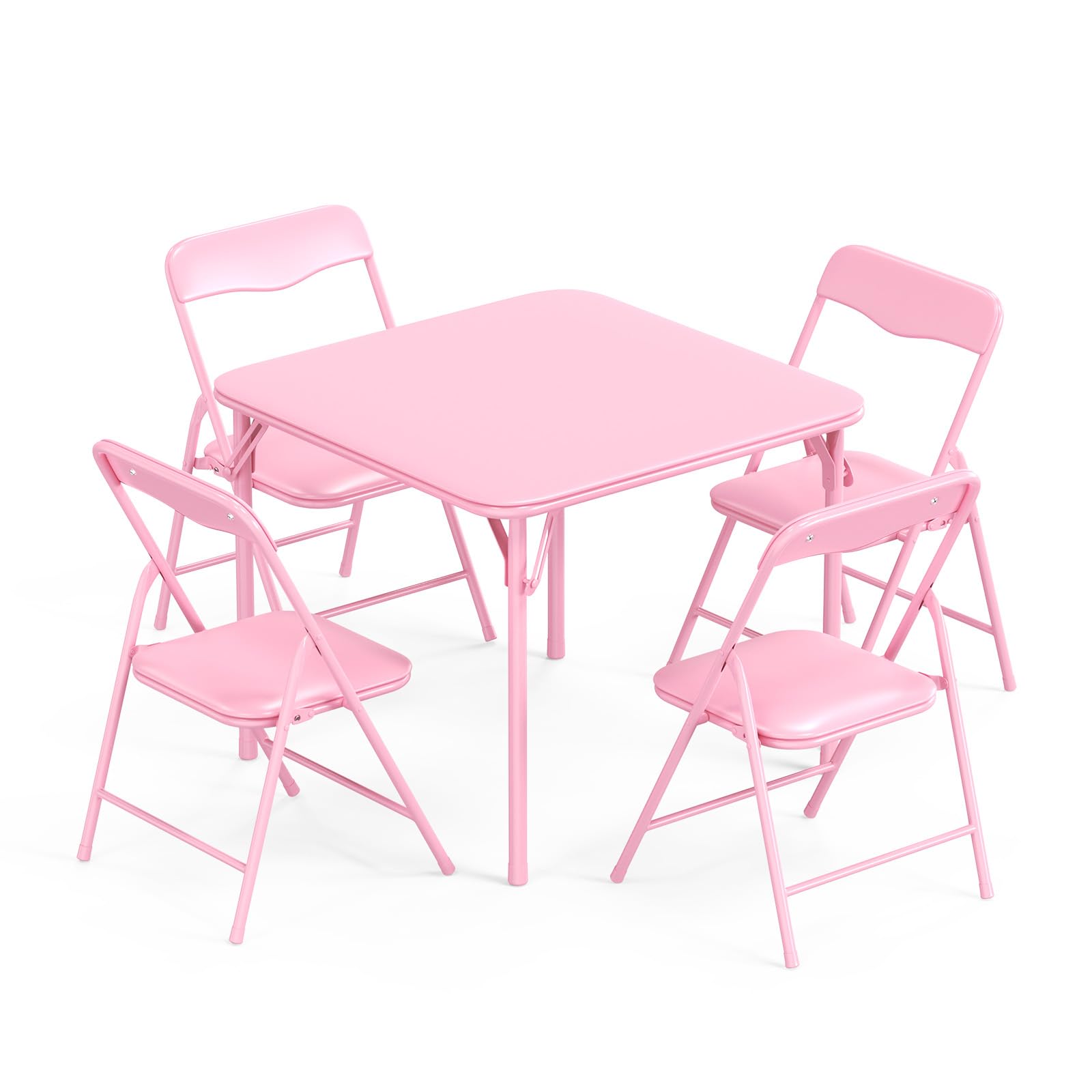 JOYMOR Kids Folding Table and Chairs Set, 5-Piece Metal Frame Activity Set with Easy-Fold Design for Playroom &amp; Classroom (Pink)