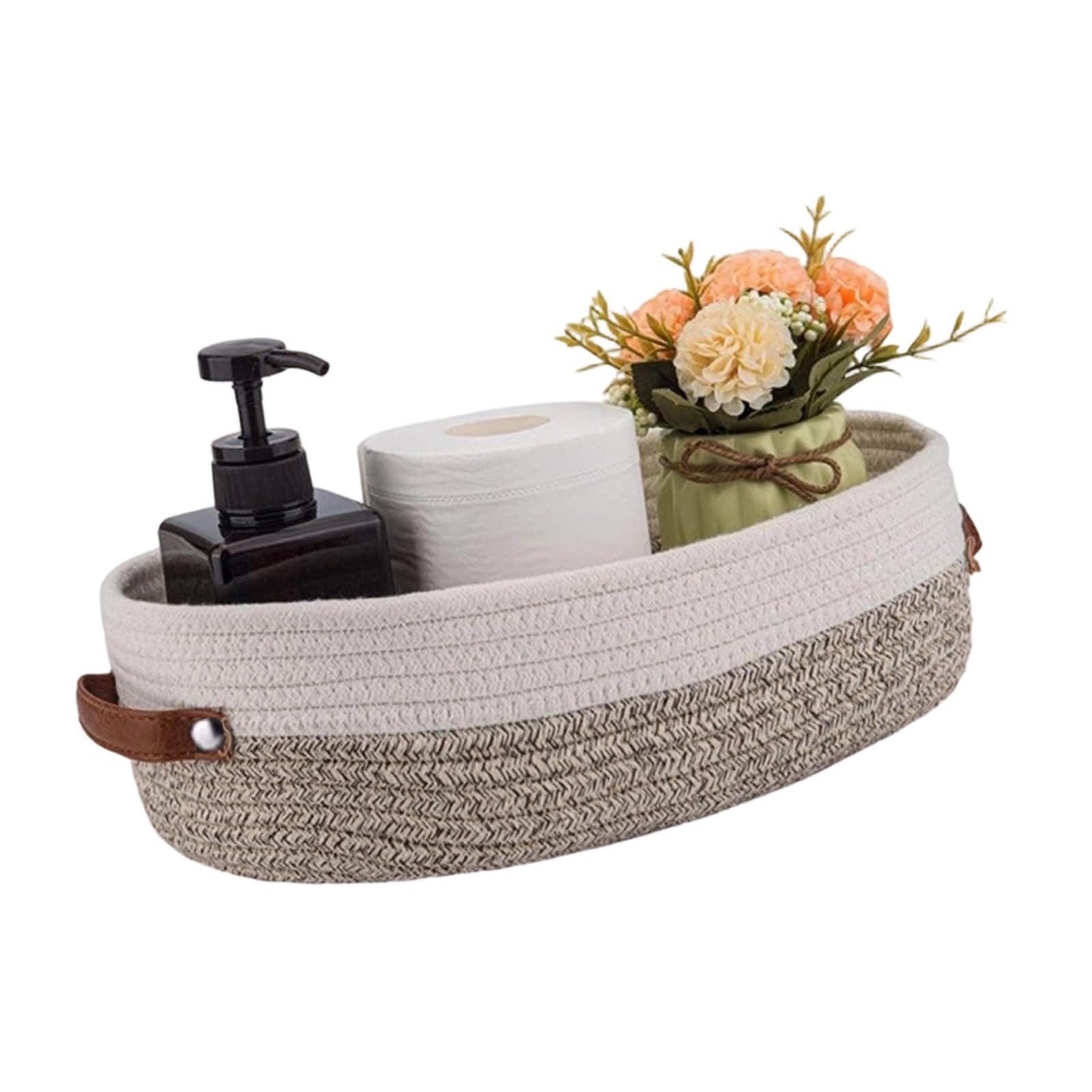 MURYE Handwoven Oval Cotton Rope Organizers Basket with Comfortable Leather Handle for Blankets Books Natural Cotton Rope Storage Bin
