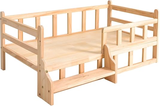 DYNAMI Pine Wood Pet Bed with Staircase,Wooden Dog Bed Frame w/Surrounding Fence,Elevated Dog Bed for Dogs Cats,Load 66lbs L-37.8" L*22" W*15.3" H