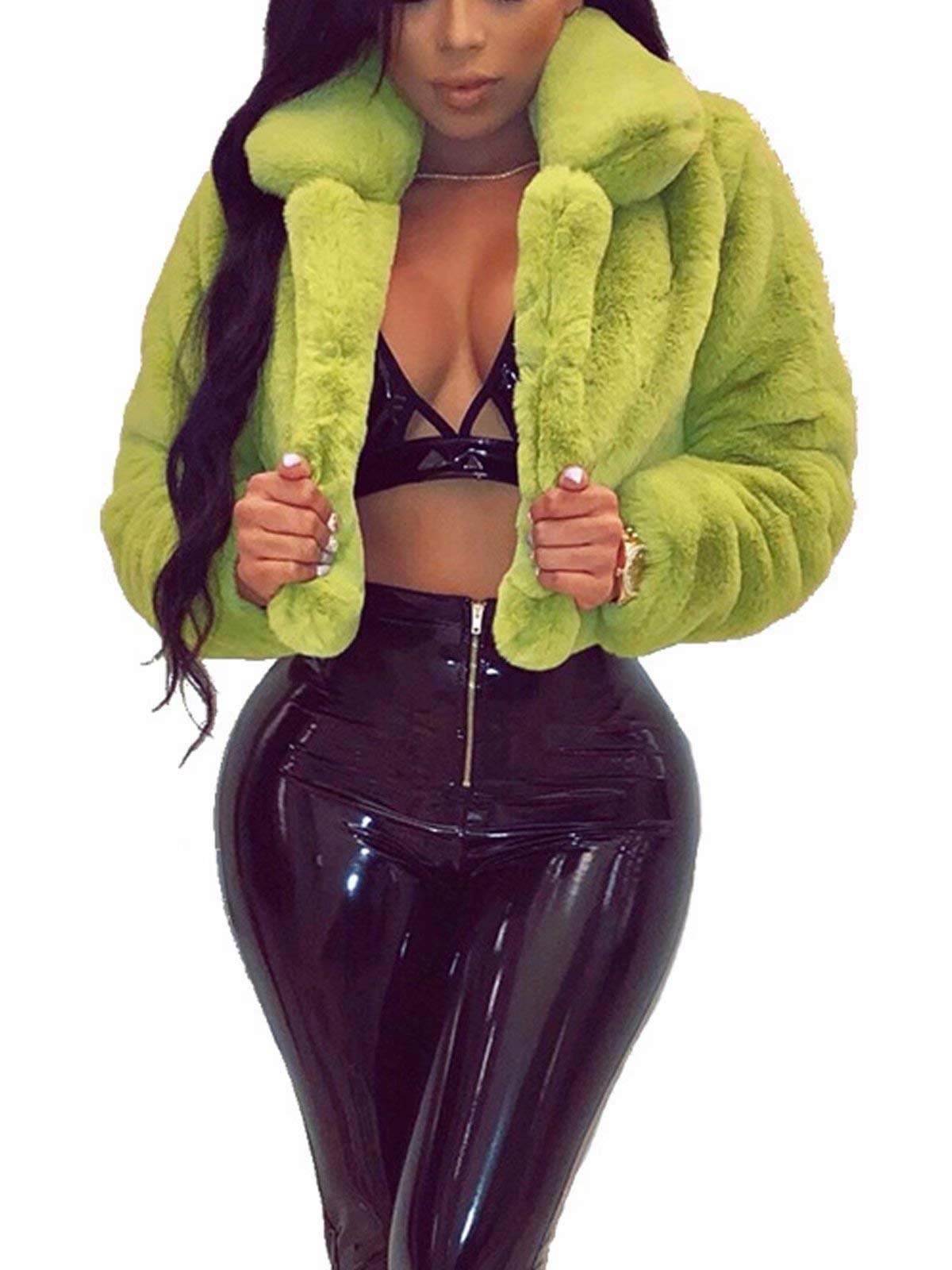 RAMOUG Women Faux Fur Jacket Lapel Crop Fuzzy Coat Outerwear