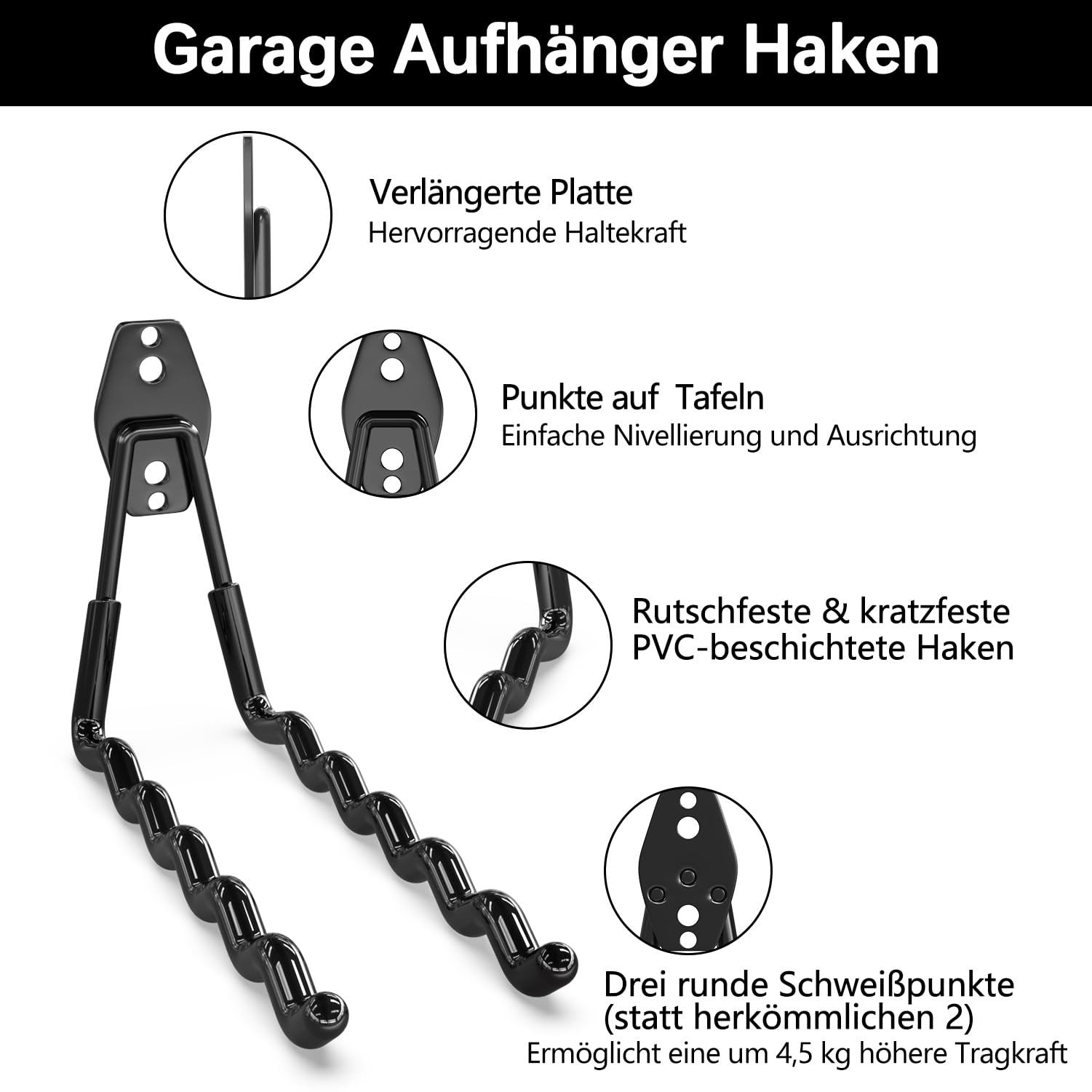 3-H 14 Stück Garagenhaken Schwerlast Wandhaken, Doppelhaken mit 3 runden Schweißpunkten für maximale Tragkraft, zur Aufbewahrung von Gartengeräten Leitern Elektrowerkzeugen in Garage & Garten, Schwarz