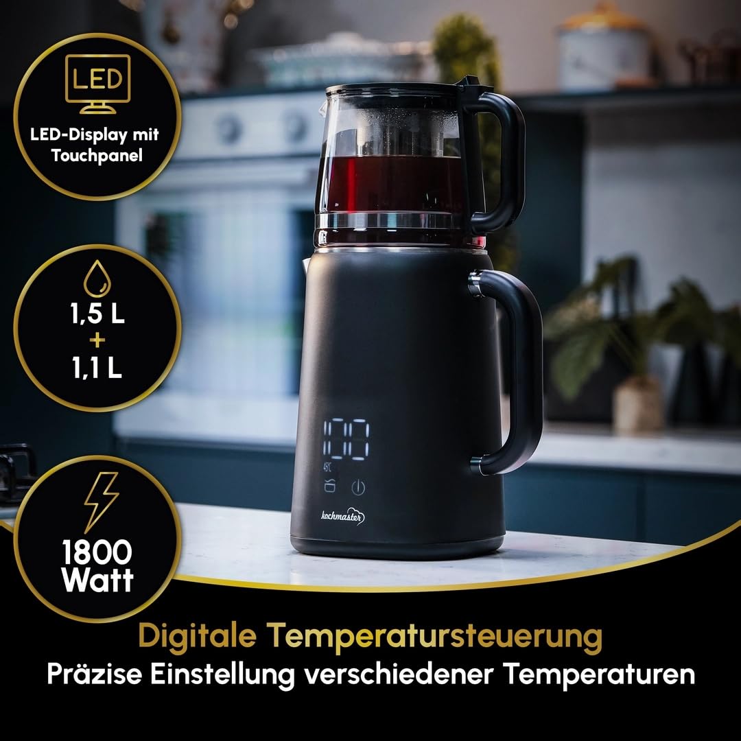 Dem Keyfi Digitaler Teekocher – 1,5L + 1,1L, 1800W, Temperaturregelung, Glas-Teekanne, Touch-Display, Edelstahlfilter