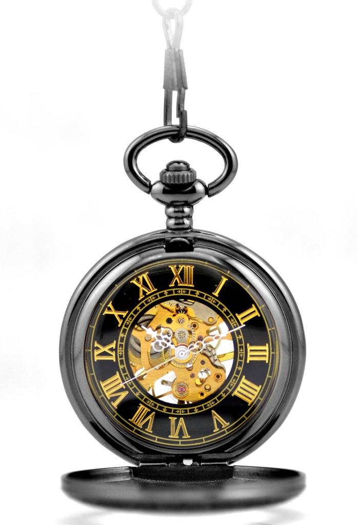 Orologio da tasca antico nero con numeri romani, carica manuale, orologio tasca meccanico, catenina con ciondolo, lupa nera da cavaliere, alta qualità