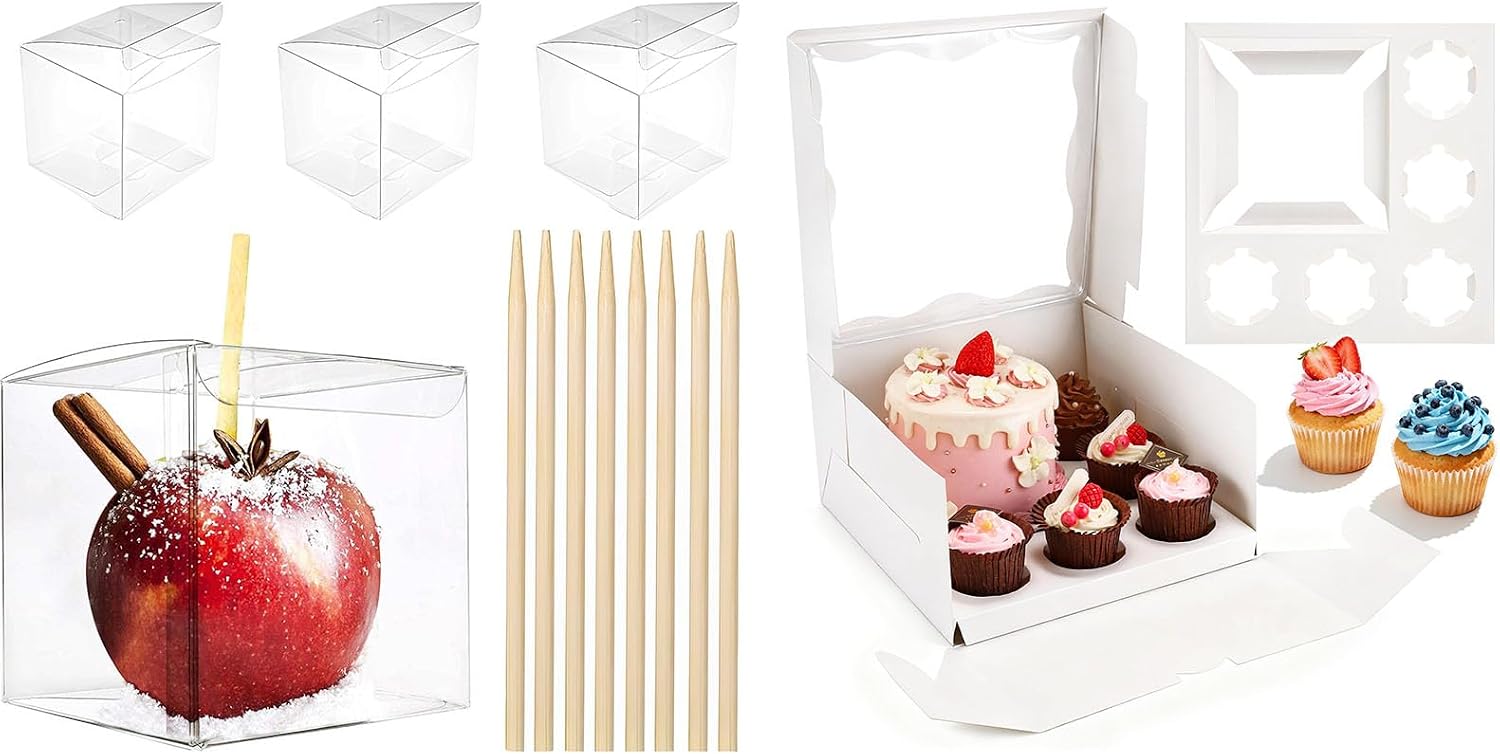 Bundle of 20 Pack Clear Candy Apple Boxes and 4 Packs Bento Cake Box with Cupcakes for Wedding Birthday Party Baby Shower Baking Supplies