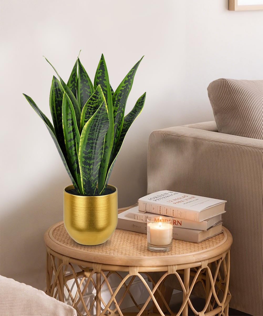 Briful 16.9" Fake Plants Artificial Snake Plants in Golden Brushed Metal Pot - Image 3