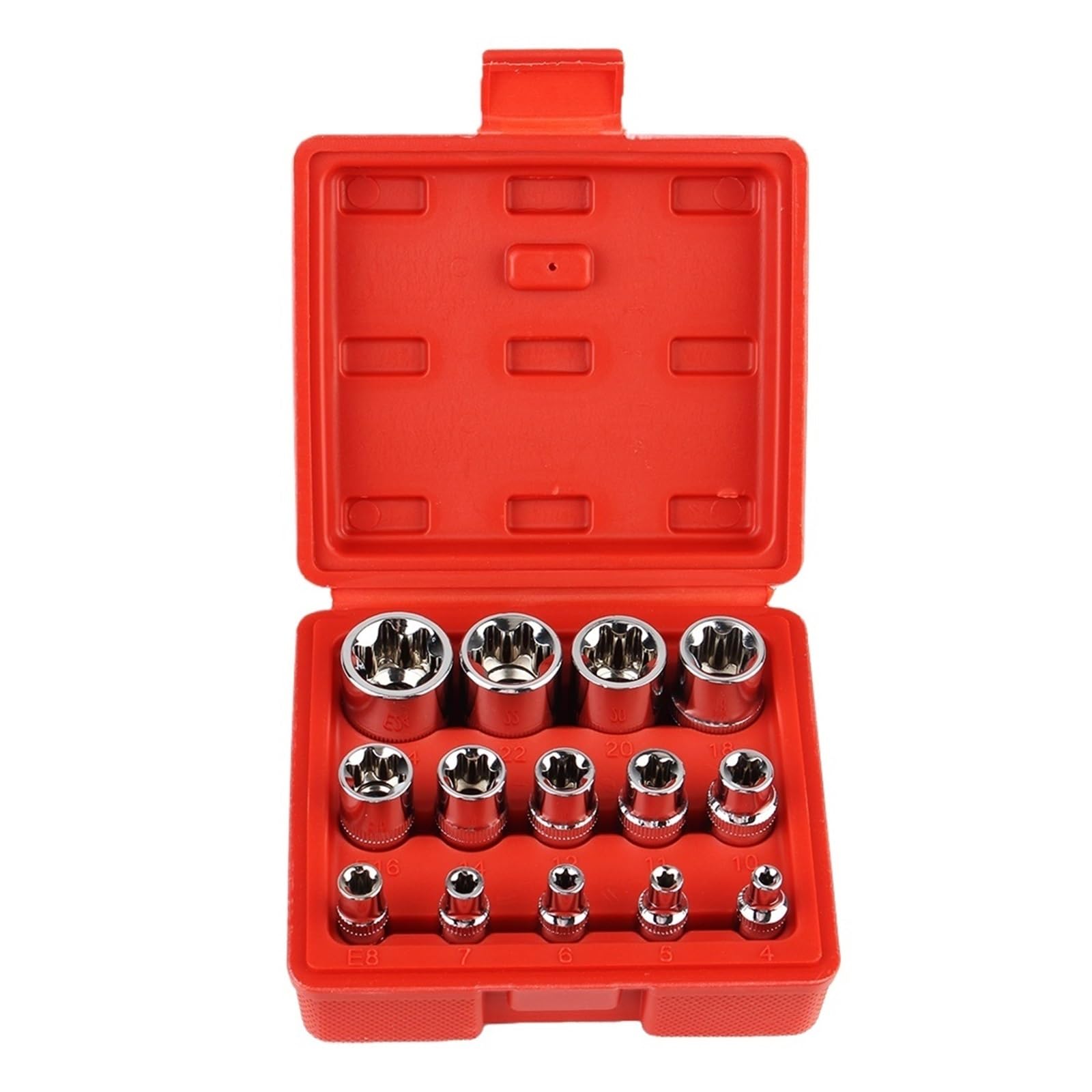 Żeński zestaw gniazd E Torx Zewnętrzny zestaw nasadek Torx E4-E24 z etui Narzędzia do naprawy samochodów Klucz Głowa Gwiazda Zestaw nasadek 14-częściowy (czerwony)