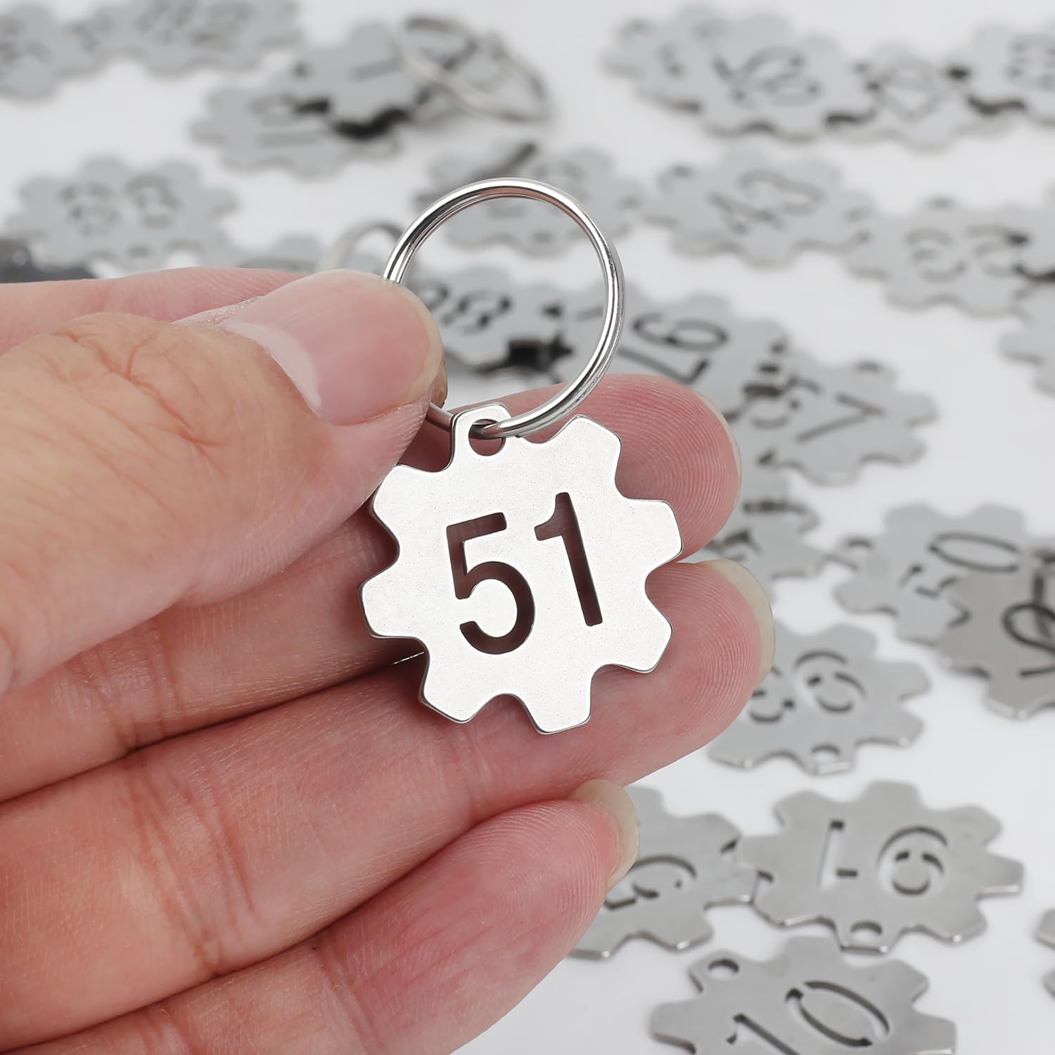 NanTun Gear Shape Numbered Key Tags, 304 Stainless Steel Number Labels with Rings, Metal Keychain Tags for Organization - 1 to 50 - Image 4