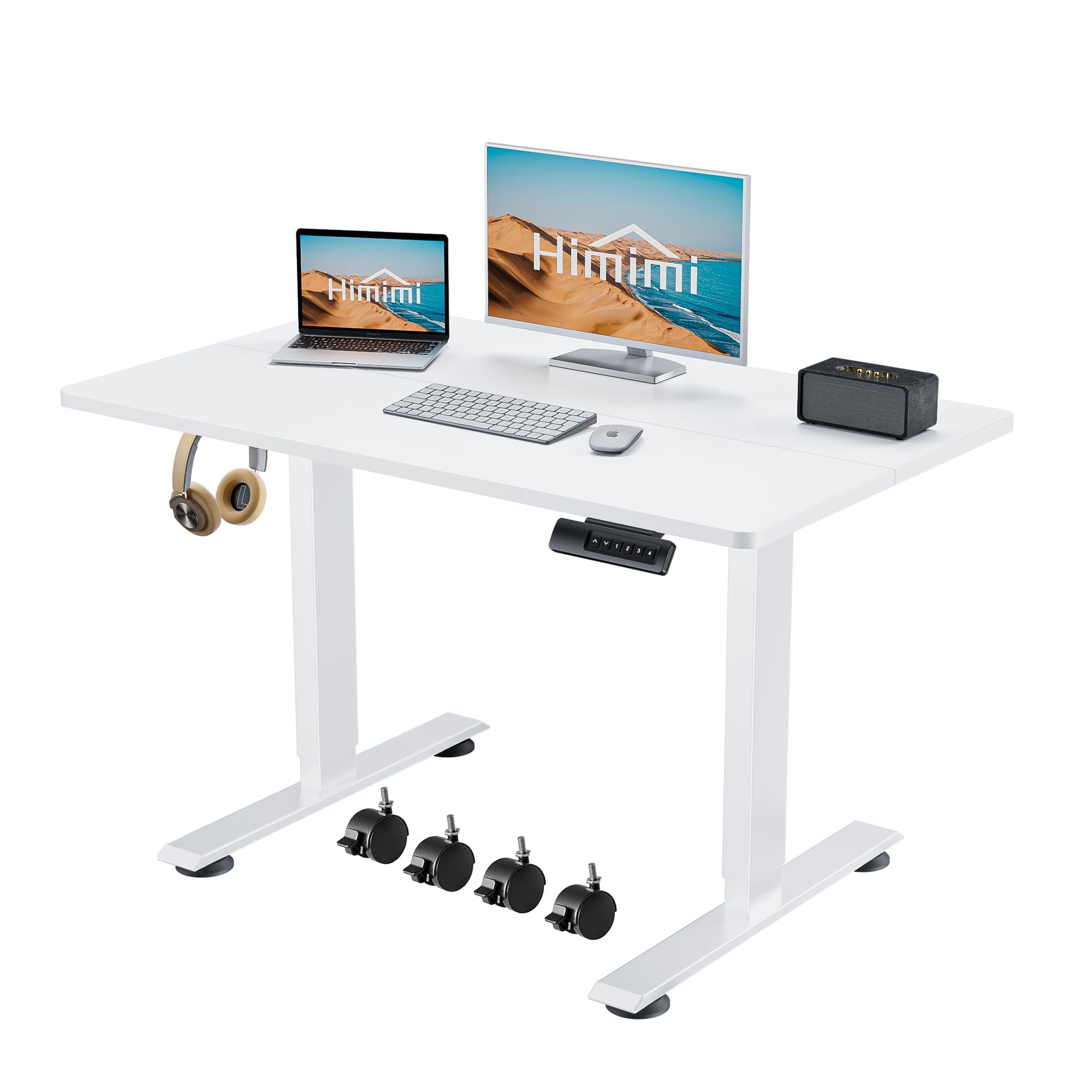 Himimi Escritorio Elevable Eléctrico 120x60cm con Tablero(con Gancho/Portabotellas),Standing Desk,EscritorioAjustable en Altura con Tablero,Función de Memoria y Anticolisión, para Trabajo/Hogar
