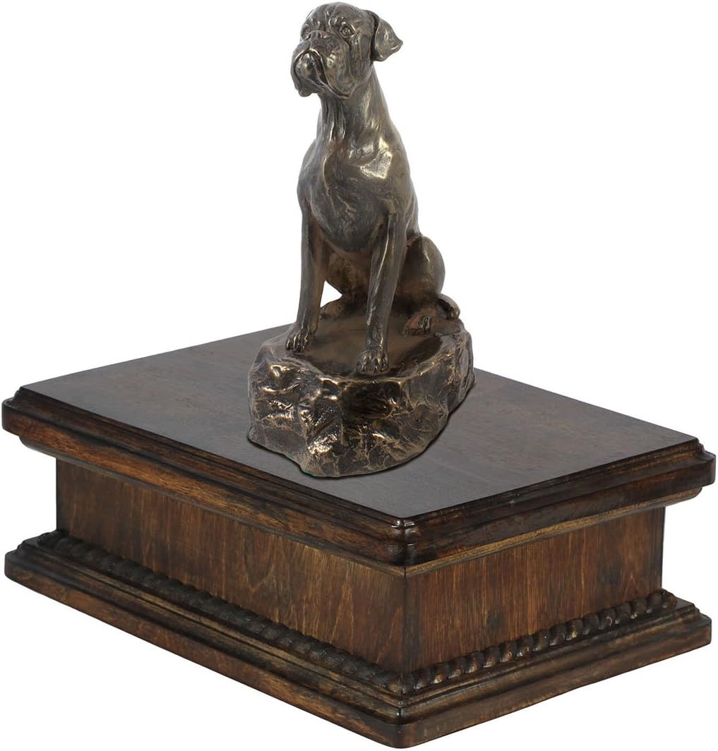 Art-Dog Custom Dog Mama Sitting Statue Memorial Urn - Handmade Cold Cast Bronze on Birch Base – Sturdy and Stylish Urn for Dog’s Ashes – 24,5x29x21cm – 5l – Boxer III