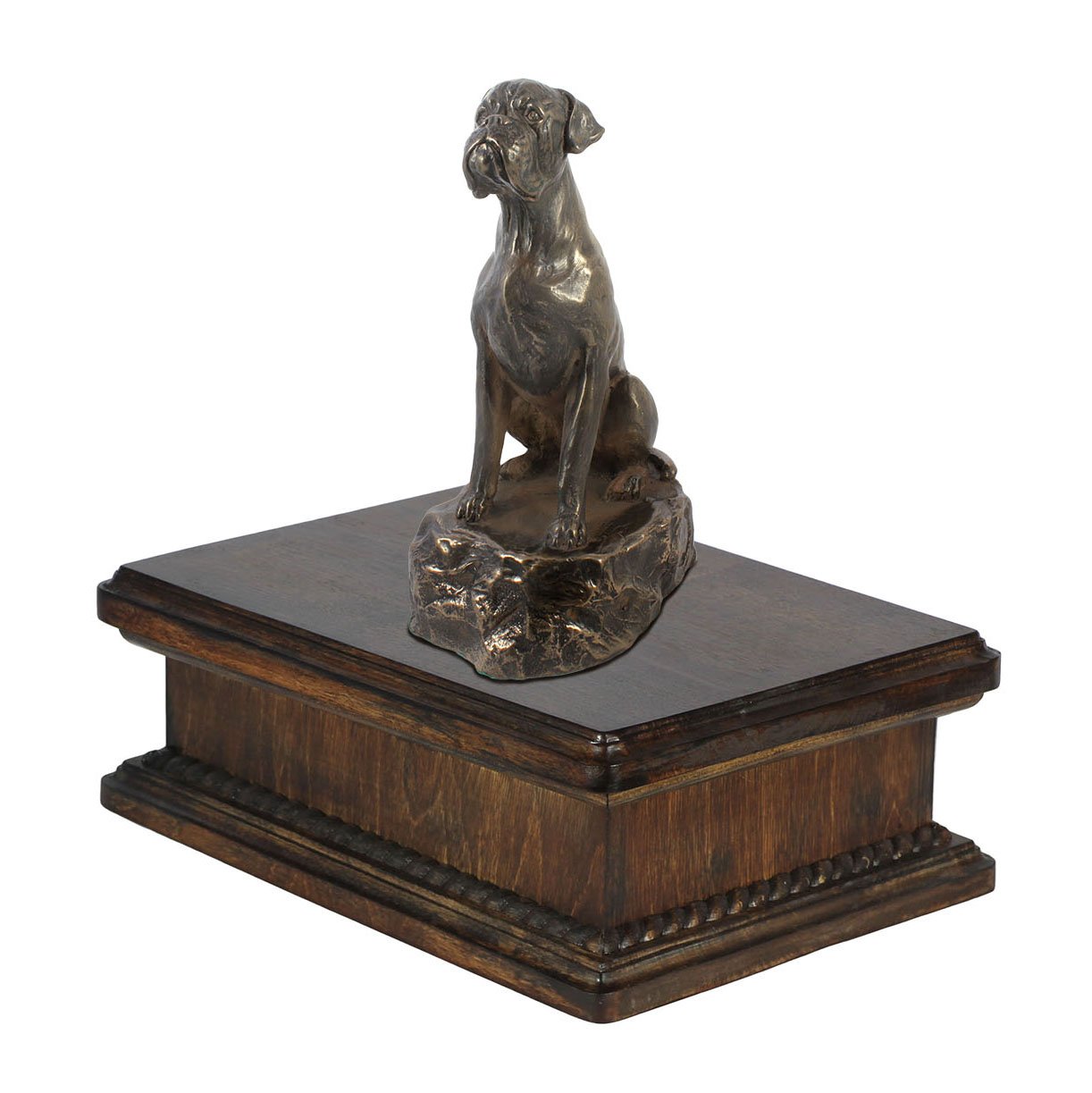 Urne cinéraire chien Boxeur pour salon en bois et bronze