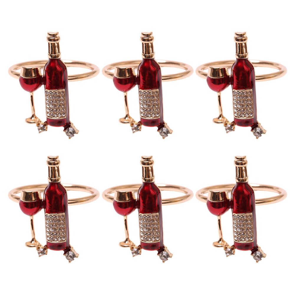 Set of 6 Metal Napkin Rings Red Wine Bottle Wine Glass Shiny Rhinestone Alloy Napkin Ring Buckle Holiday Table Setting Wedding Party Cocktail Party Napkin Ring Home Kitchen Bar Club Table Decoration
