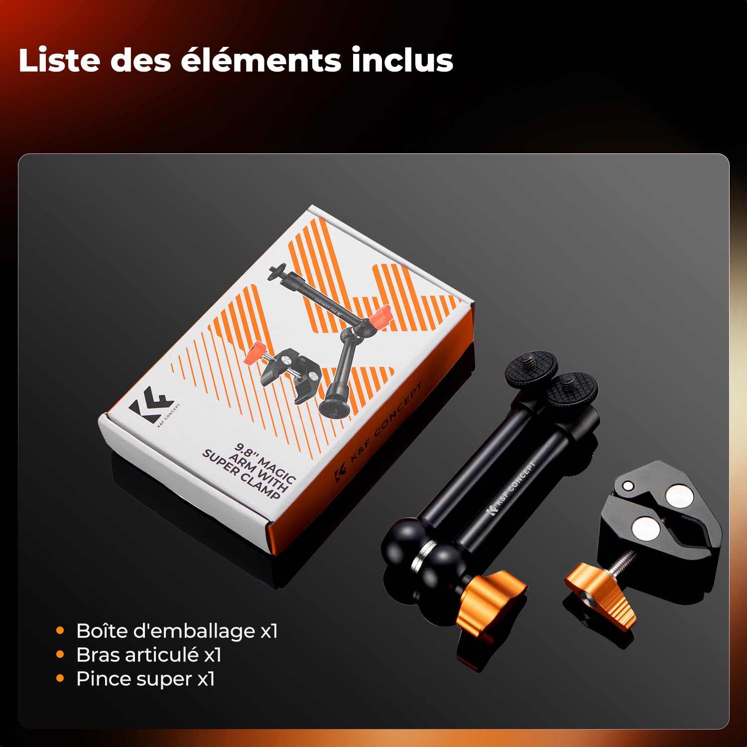 K&F CONCEPT Bras Magique 9.8 Pouce avec Pince Super Clamp et Vis 1/4'' 3/8", Support Articulé Réglable pour Moniteur, Appareil Photo, Lumière LED, Microphone, Trépied Vidéo