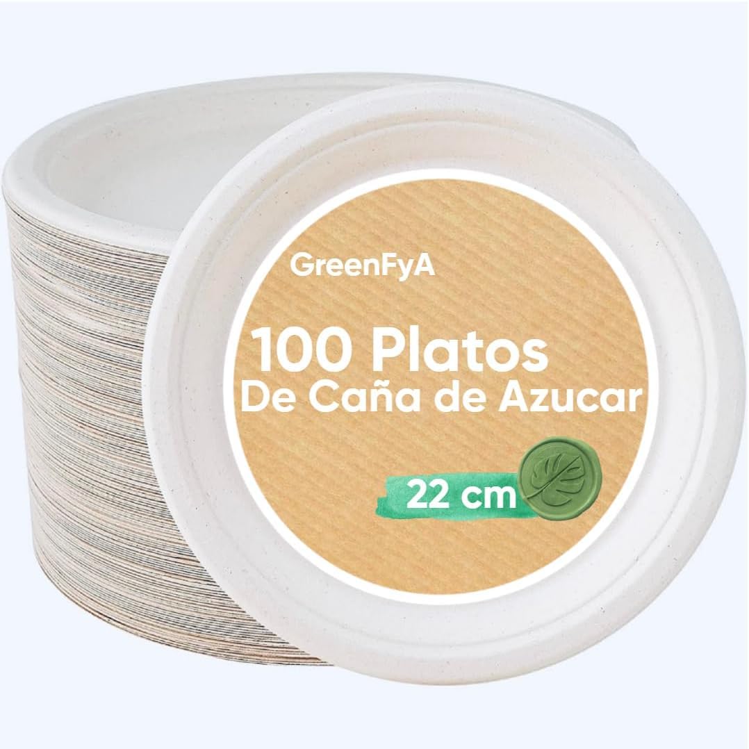 Platos Desechables de Caña de Azúcar Resistentes, 100% Biodegradables (100, 22cm.)