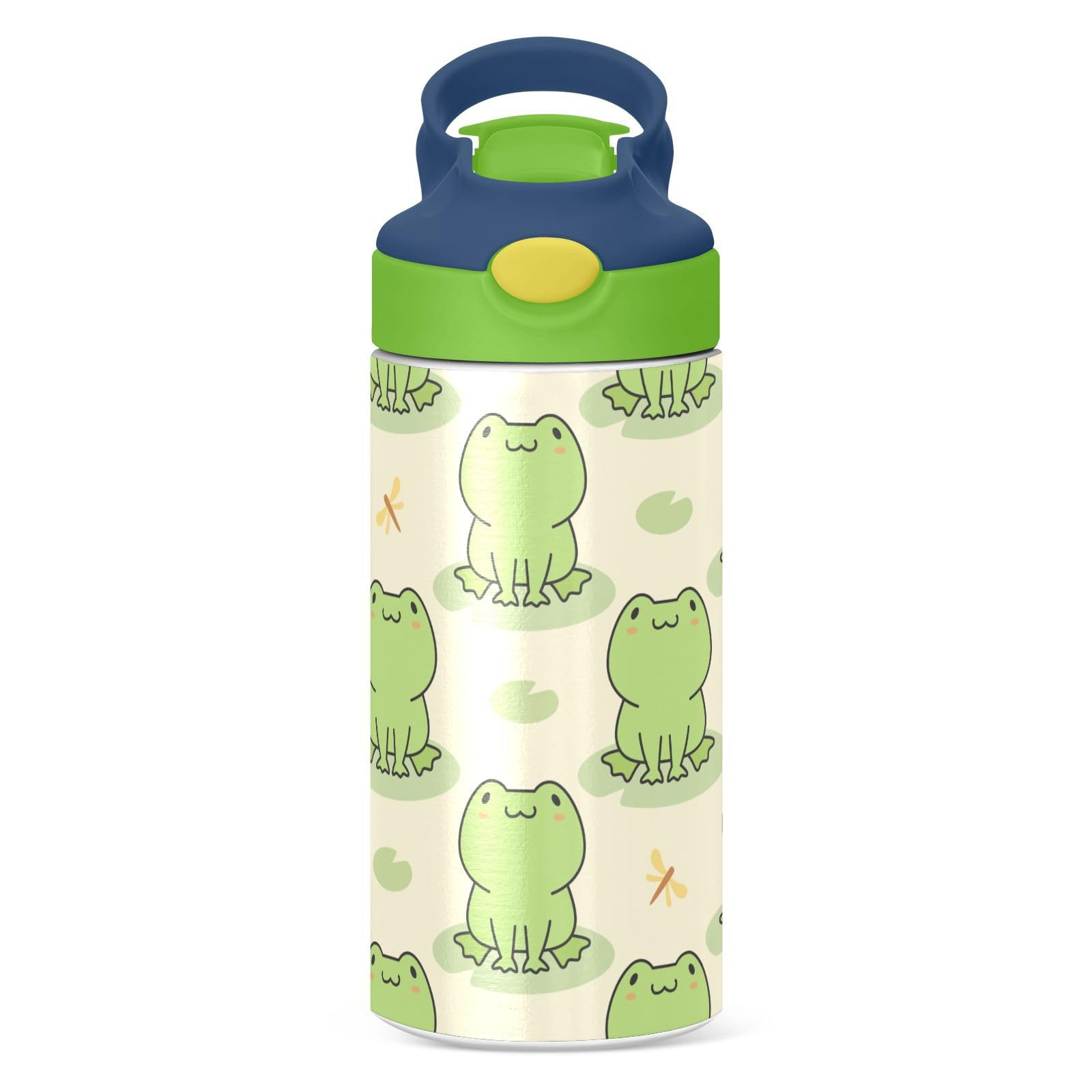 Cute Frog Kids Water Bottle with Straw and Carry Handle Lotus Leaves Vacuum Insulated Stainless Steel Bottles 12 oz Green Lid Leak-Proof for Boys Girls Toddler 4-8 Years Old