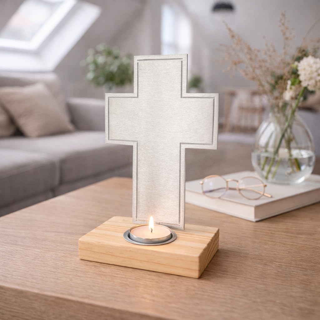 Fritz Cox Stehkreuz mit Teelichthalter - moderne Symbolik und Spiritualität | Edelstahlkreuz und stabiler Holzsockel | z.B. für einen Tisch-/Trauer-Altar zuhause oder Gedenkstätte | 20cm