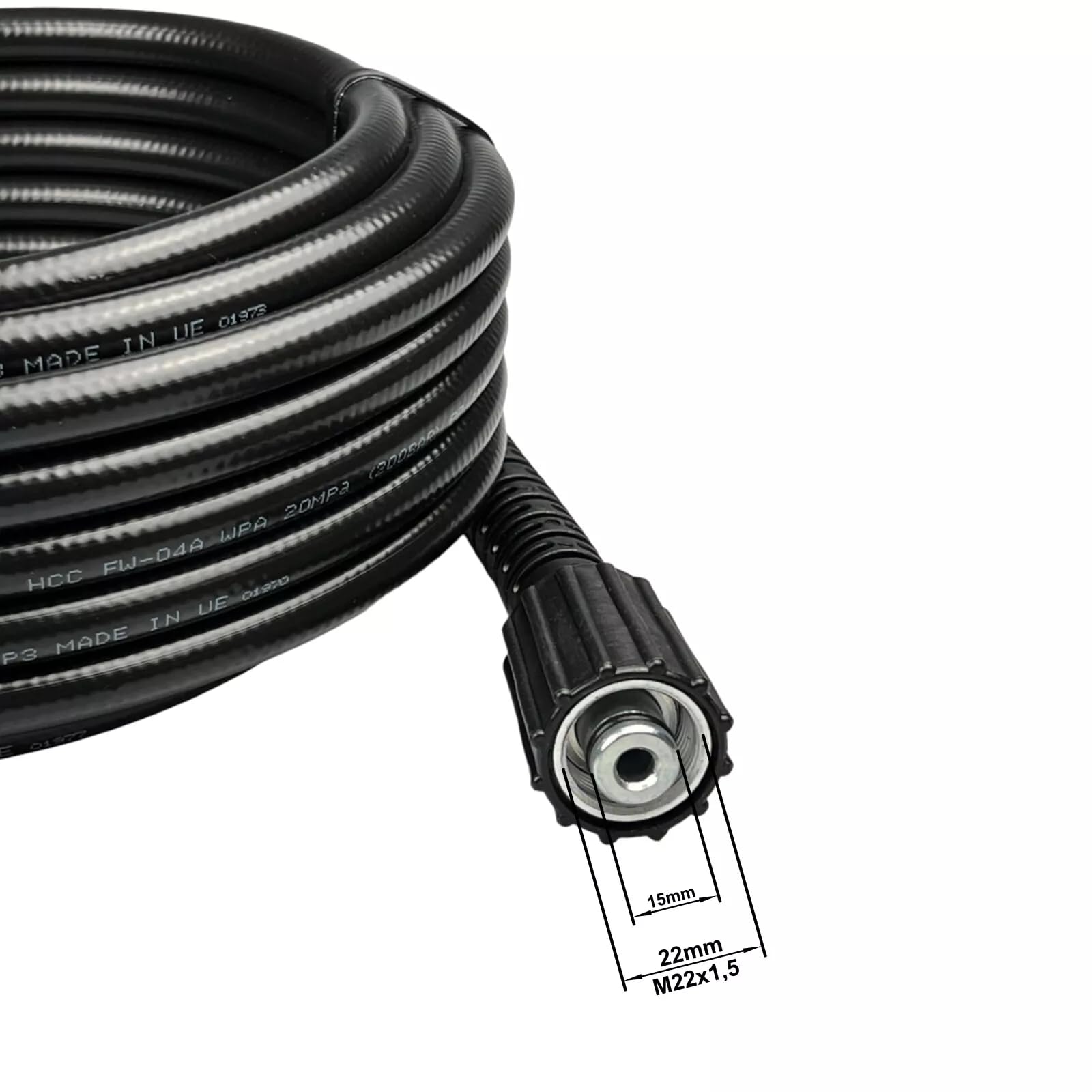 M&M Smartek Tuyau de nettoyeur haute pression M22 x 1,5 mm avec mamelon de 15 mm, 160 bar – Raccord manuel facile, protection anti-torsion, pour Parkside et plus (3 m)