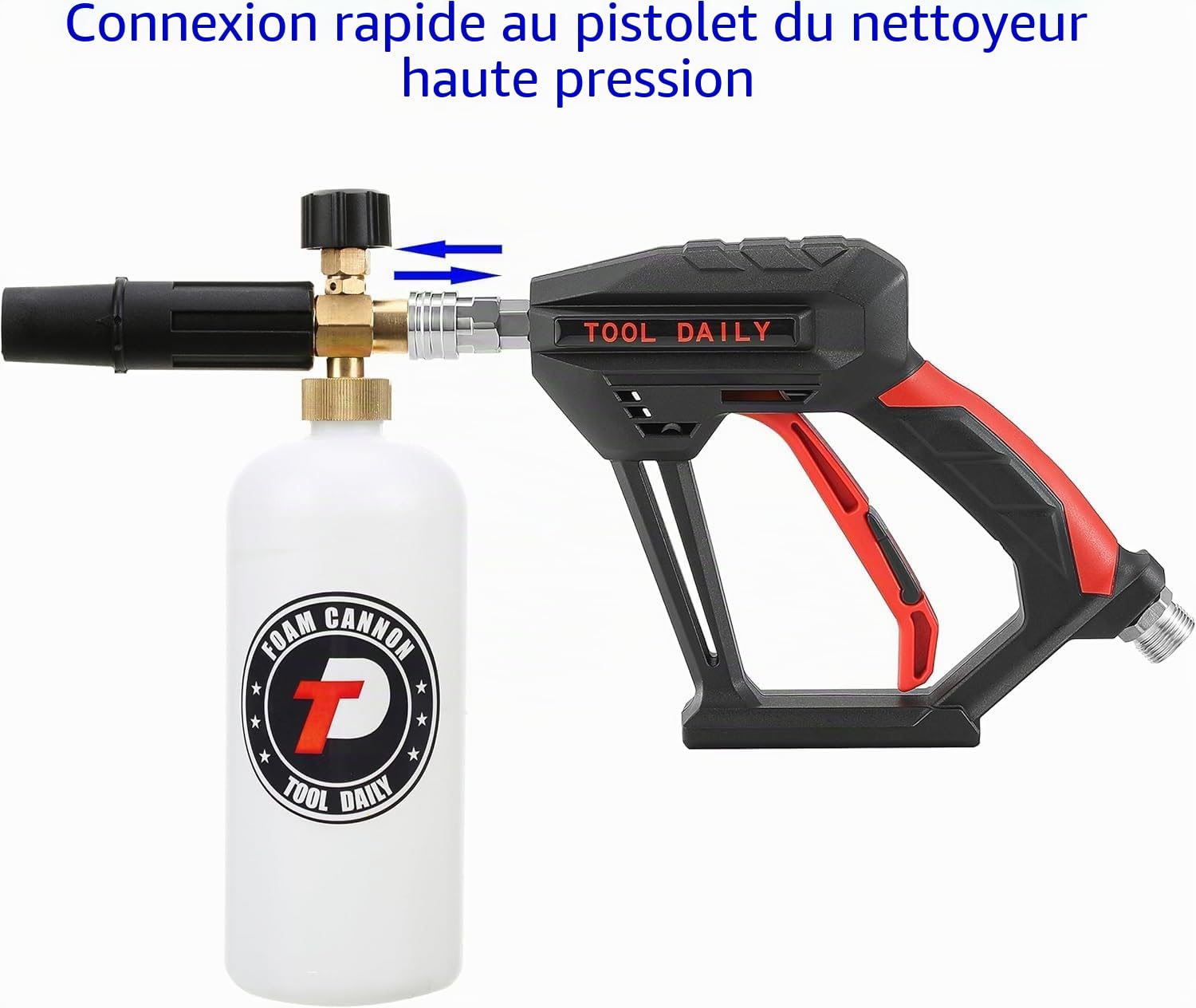 Tool Daily Pistolet Haute Pression avec Canon à Mousse, Raccord Rapide 1/4" | 5 Embouts de Buse de Pulvérisation à Angles Multiples, Lance à Mousse 1 L, Pistolet Court de Lavage, Raccord M22 14mm ou 15mm