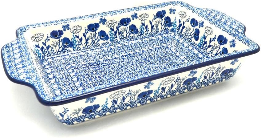 Polish Pottery Baker - Rectangular with Tab Handles - 7 cups - Evening Poppies