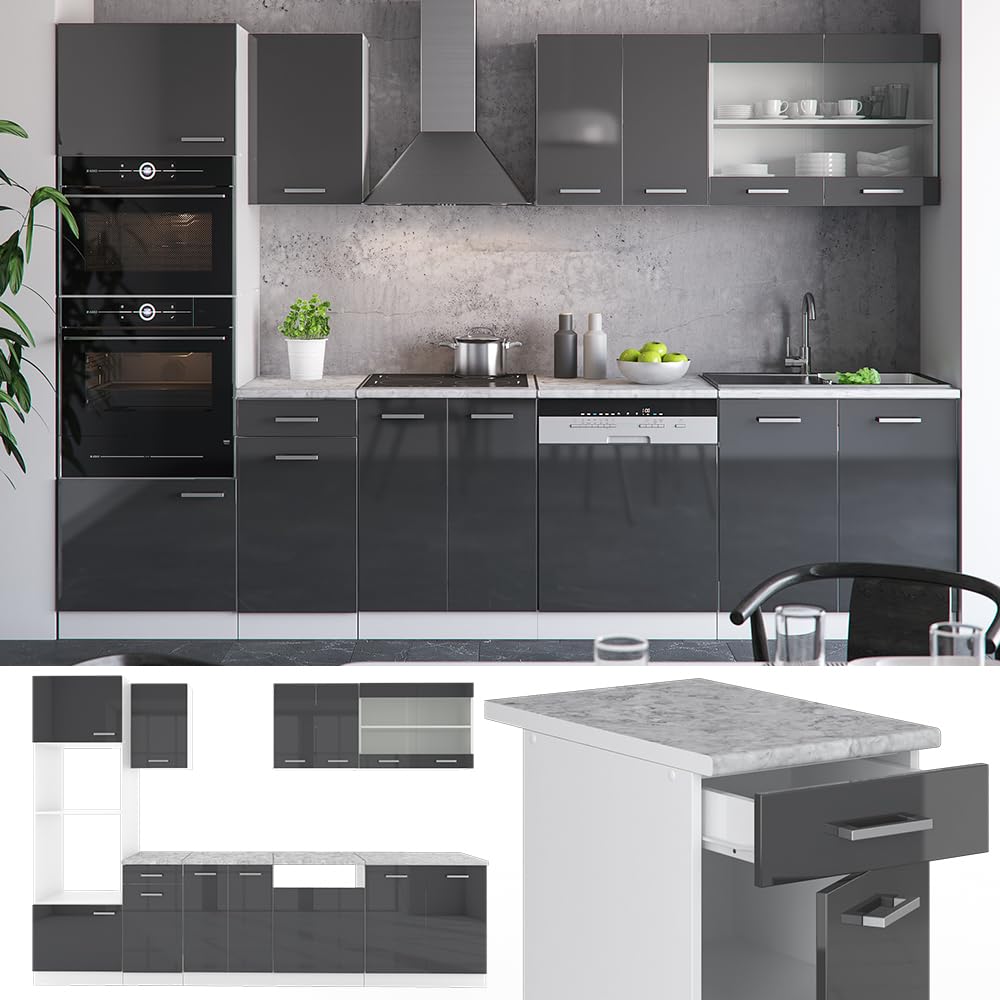 Vicco Küchenzeile R-Line, Anthrazit Hochglanz, 300 cm mit Hochschrank, ohne Arbeitsplatte, mit variabel anordenbaren Modulen und höhenverstellbaren Füßen