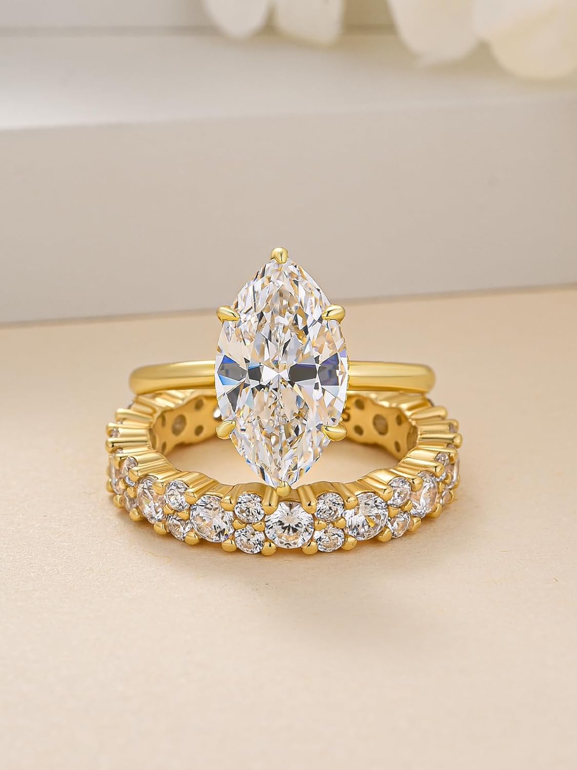 3.5 Carat Solitaire Marquise Cut Wedding Ring Set for Women, 14K Gold Plated Bridal Ring Set, 925 Sterling Silver Promise Cubic Zirconia Anniversary Ring - Image 2