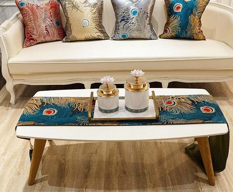 Miniatura 2 de Camino de mesa de pavo real con borlas, camino de pavo real jacquard para fiestas y bodas, camino de plumas de pavo real de 13 x 90 pulgadas