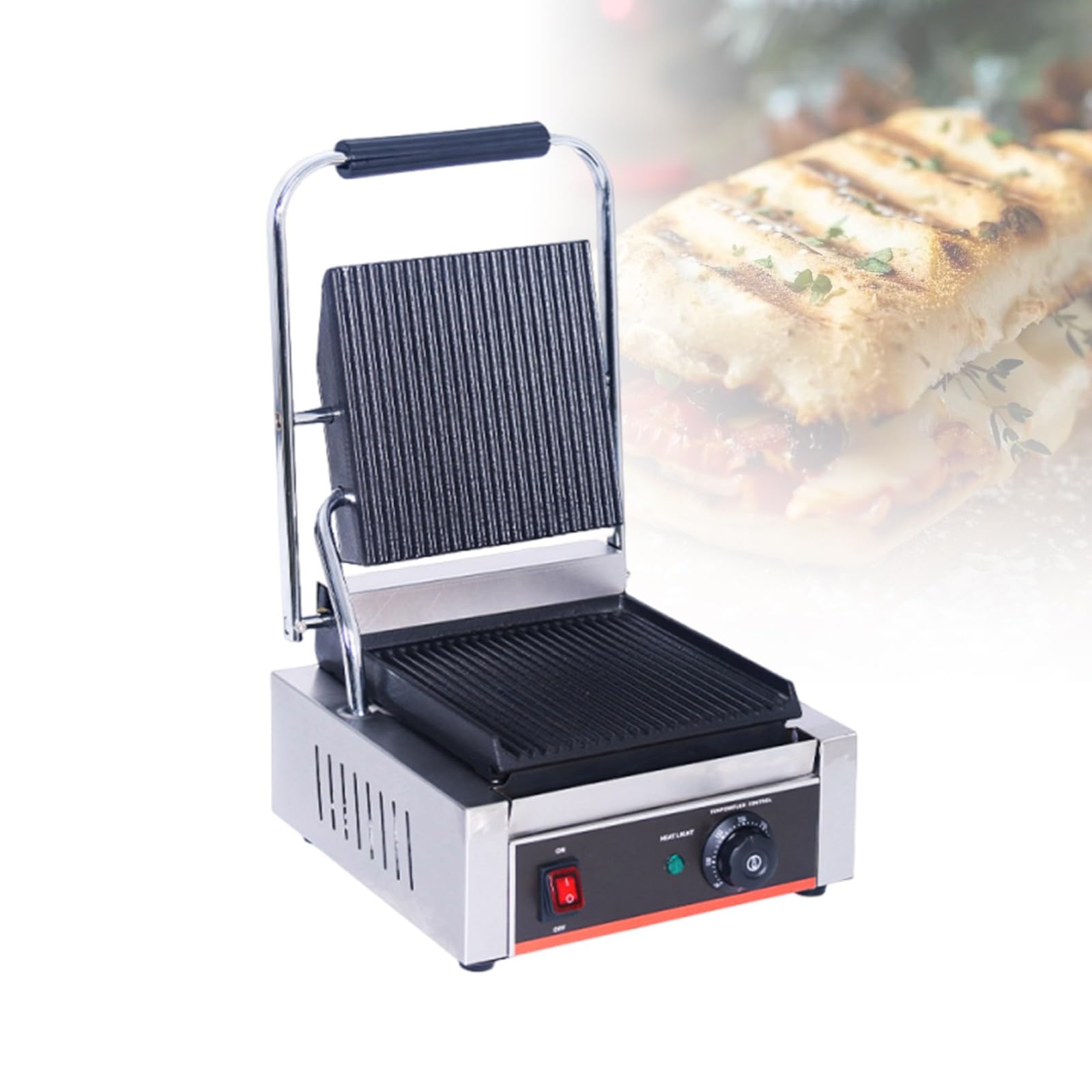 Profesjonalny Opiekacz Panini 1800W, Grill Kontaktowy z Ryflowanymi Płytami Żeliwnymi, Duży Grill Elektryczny dla Gastronomii i Domu, Tacka na Tłuszcz(Home-Use)