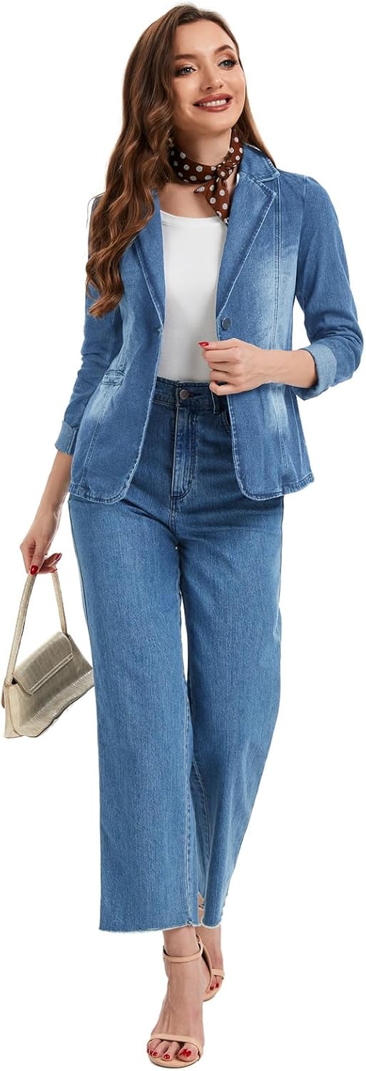 Womens Denim Jackets Long Sleeve Lapel Button Slim Office Pocket Washed Business Jean Jacket - Image 3