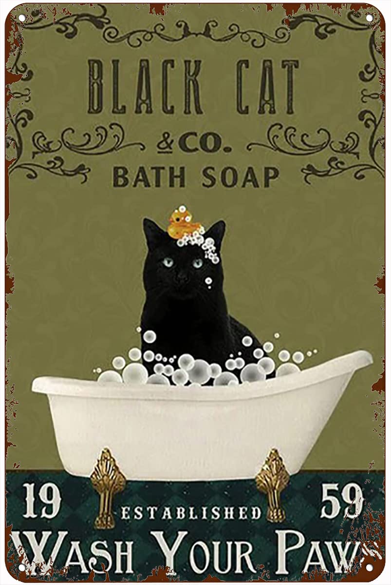 Yunking White Funny Tin Cat Bathroom Sign 8X12 Inch Black Vintage Wall Art